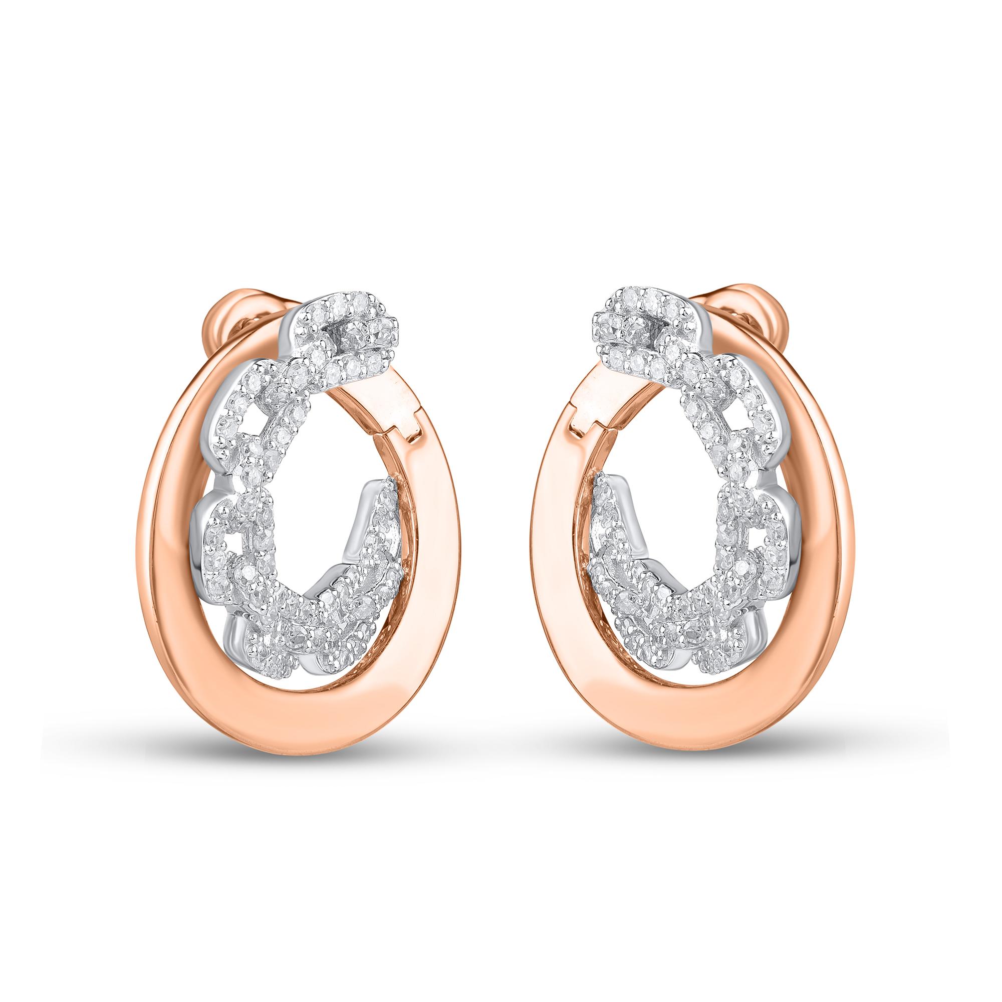 These diamond hoop earrings will accentuate your style. This unique design features 110 round-cut diamonds in prong setting, fashioned in 18 KT white, and rose gold. Diamonds are graded HI color, I1 clarity.   

Gold color can be customized upon