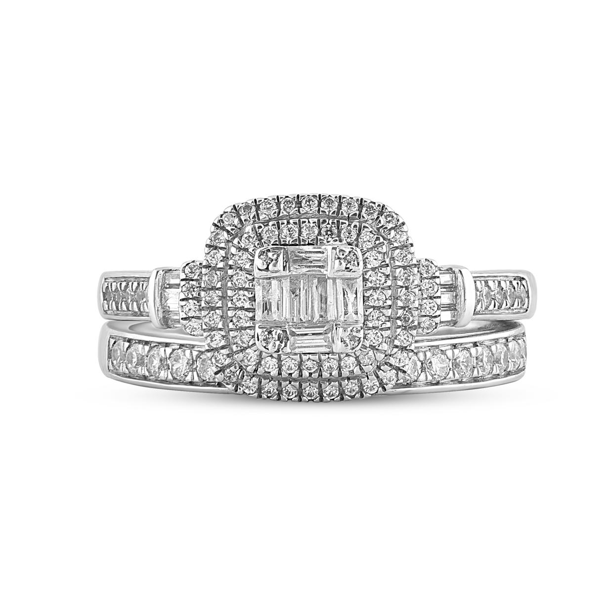 Give her a sophisticated reminder of your love with this diamond ring set. Crafted in 14 Karat white gold. This wedding ring features a sparkling 110 brilliant cut, single cut round diamonds and baguette cut diamonds beautifully set in prong, pave,