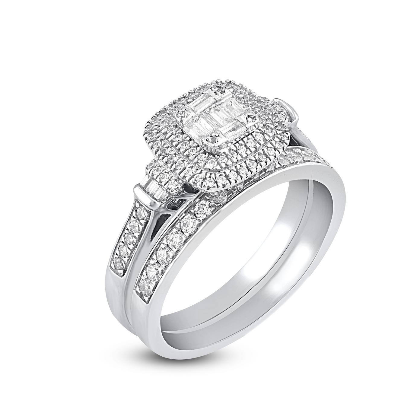Contemporary TJD 0.55 Carat Round and Baguette Diamond 14 Karat White Gold Bridal Ring Set For Sale