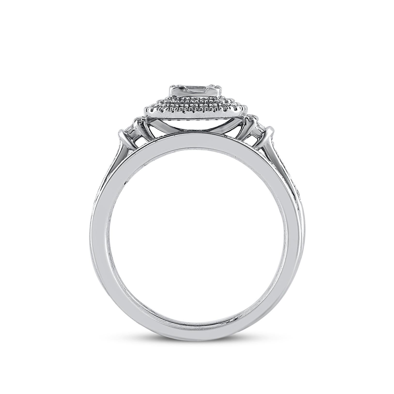 Mixed Cut TJD 0.55 Carat Round and Baguette Diamond 14 Karat White Gold Bridal Ring Set For Sale