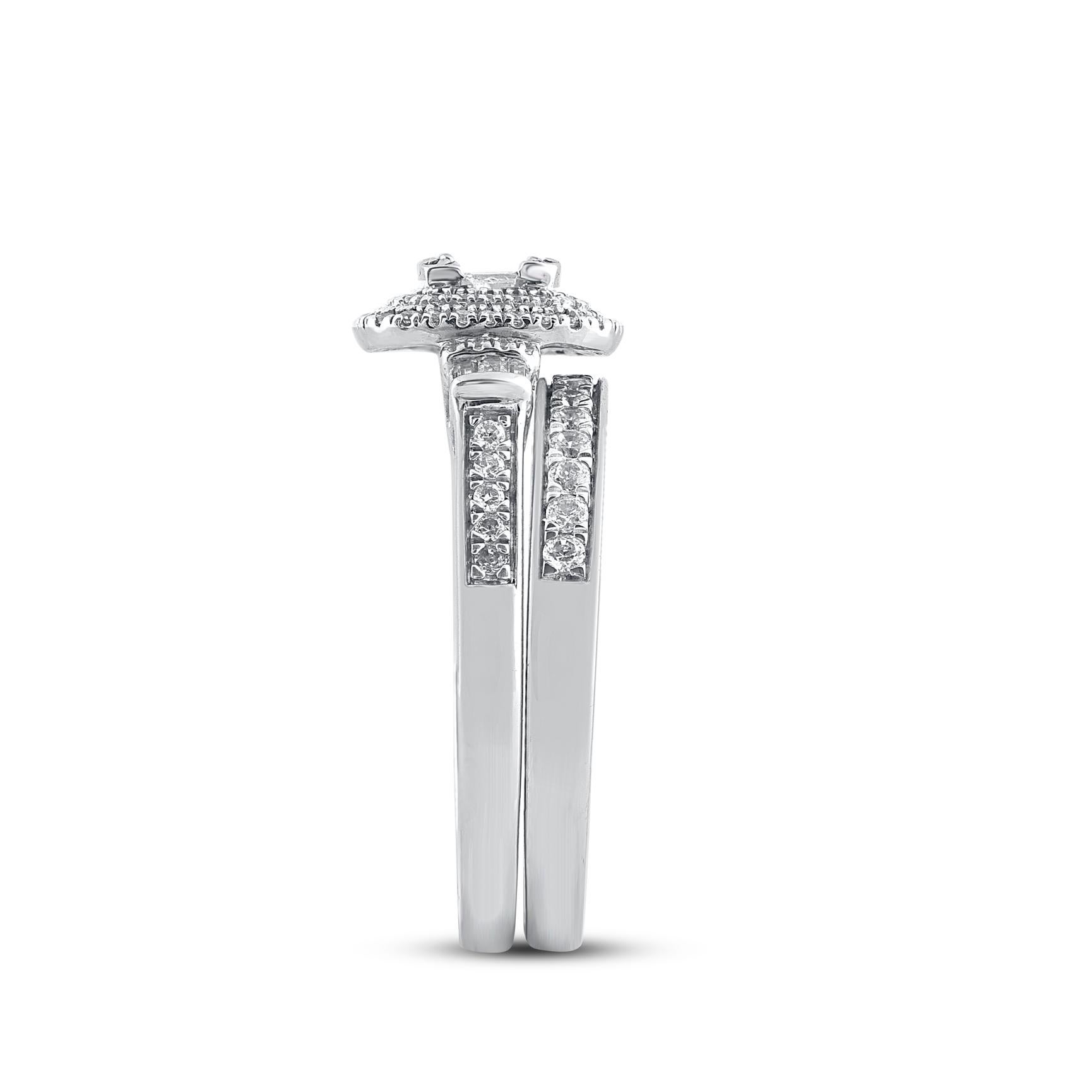 TJD 0.55 Carat Round and Baguette Diamond 14 Karat White Gold Bridal Ring Set In New Condition For Sale In New York, NY