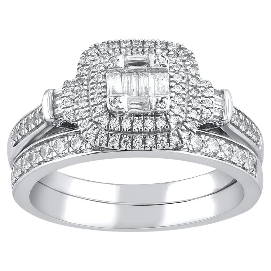 TJD 0.55 Carat Round and Baguette Diamond 14 Karat White Gold Bridal Ring Set For Sale