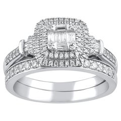 Bague de mariage en or blanc 14 carats sertie de diamants ronds et baguettes de 0,55 carat TJD