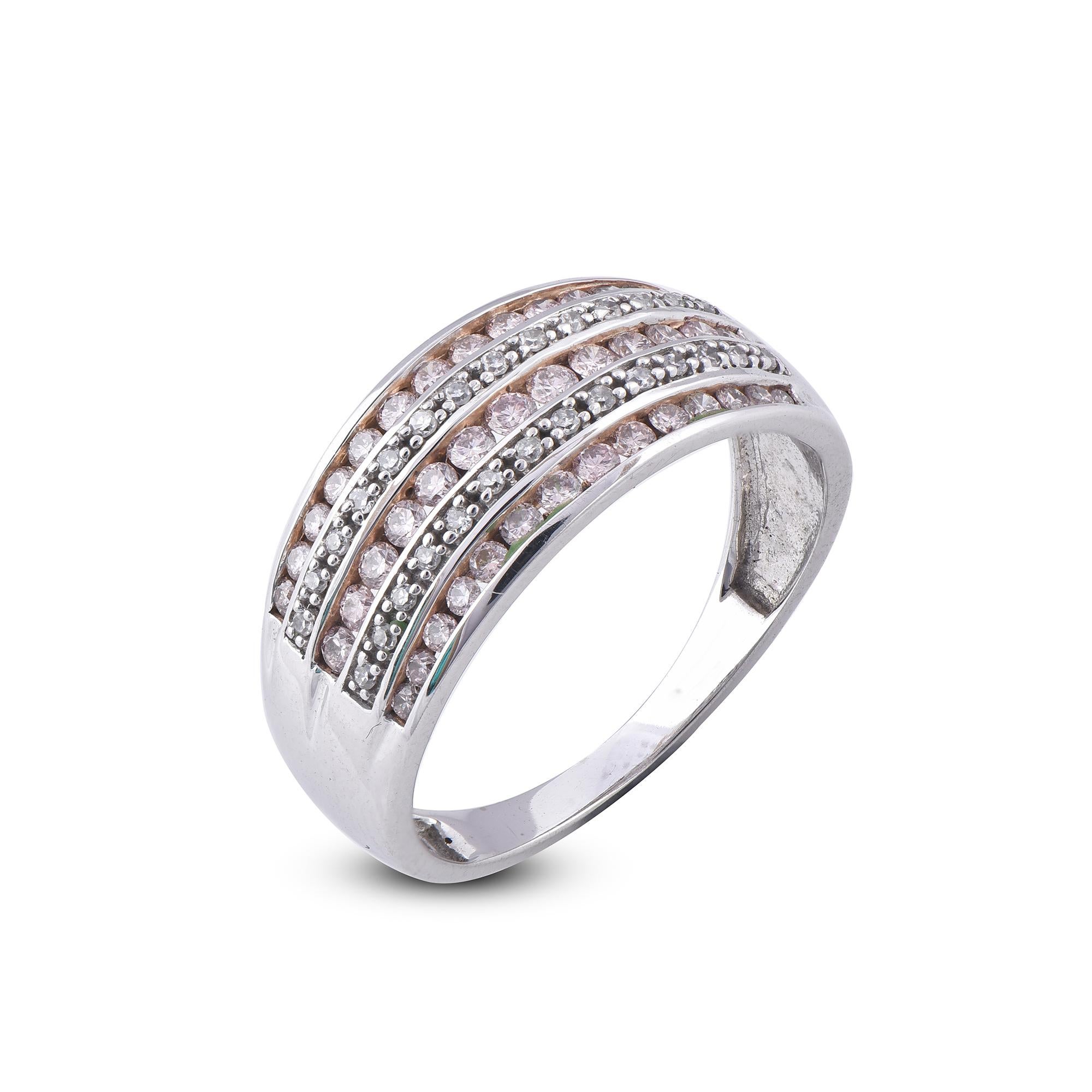 This Multi row Wedding Band is expertly crafted in 18 Karat White Gold and features 28 Round and 41 pink diamonds set in pave and channel setting, shines in H-I color I1 clarity in a beautiful design. This ring has high polish finish and is a