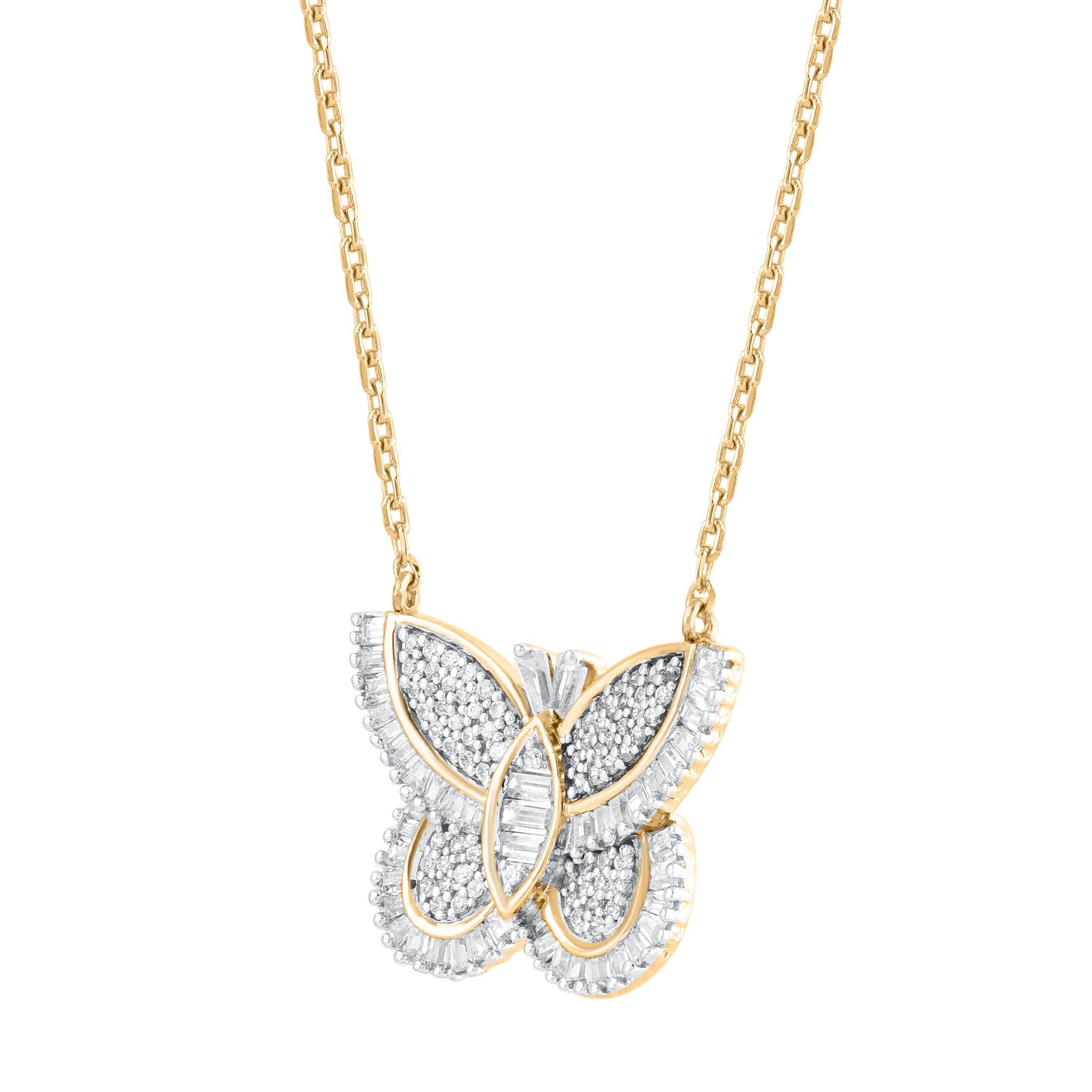 This diamond butterfly pendant necklace fits any occasion with ease. These pendants are studded with 139 single cut & baguette natural diamonds in pave & channel setting in 14kt yellow gold. Diamonds are graded as H-I color and I-2 clarity. Pendant