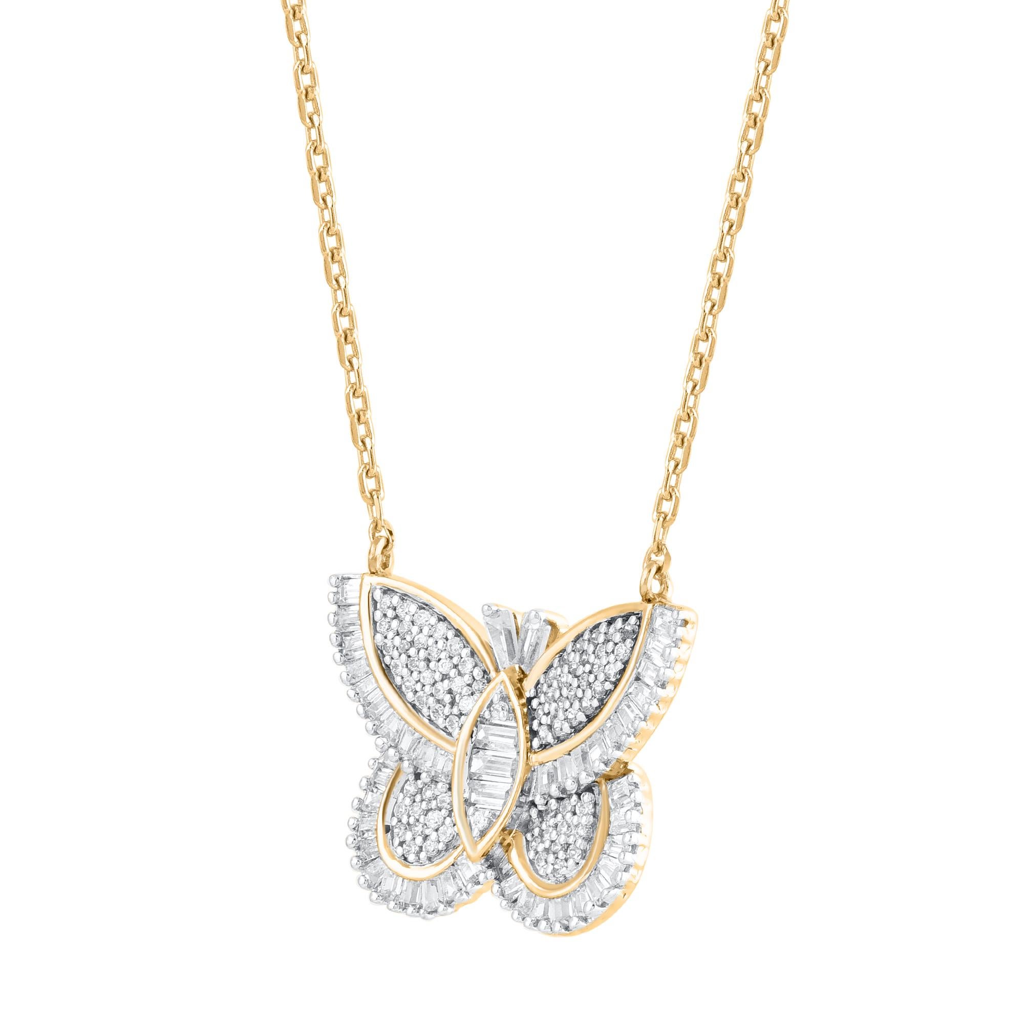 Ce collier pendentif papillon en diamant s'adapte facilement à toutes les occasions. Ces pendentifs sont sertis de 139 diamants naturels de taille simple et baguette en pavage et en serti-canal en or jaune 14kt. Les diamants sont de couleur H-I et