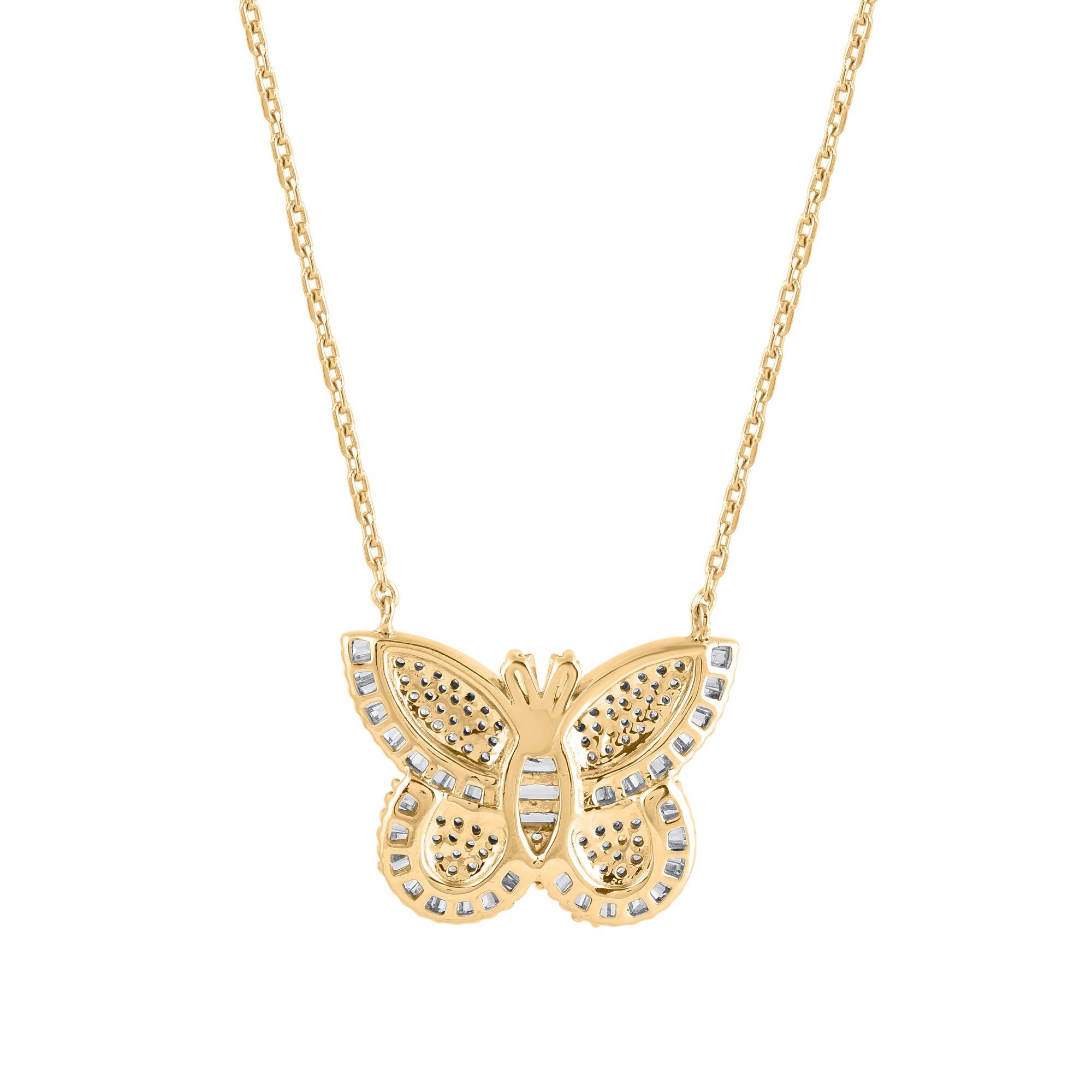 Contemporary TJD 0.60 Carat Baguette Diamond Butterfly Pendant Necklace in 14KT Yellow Gold For Sale