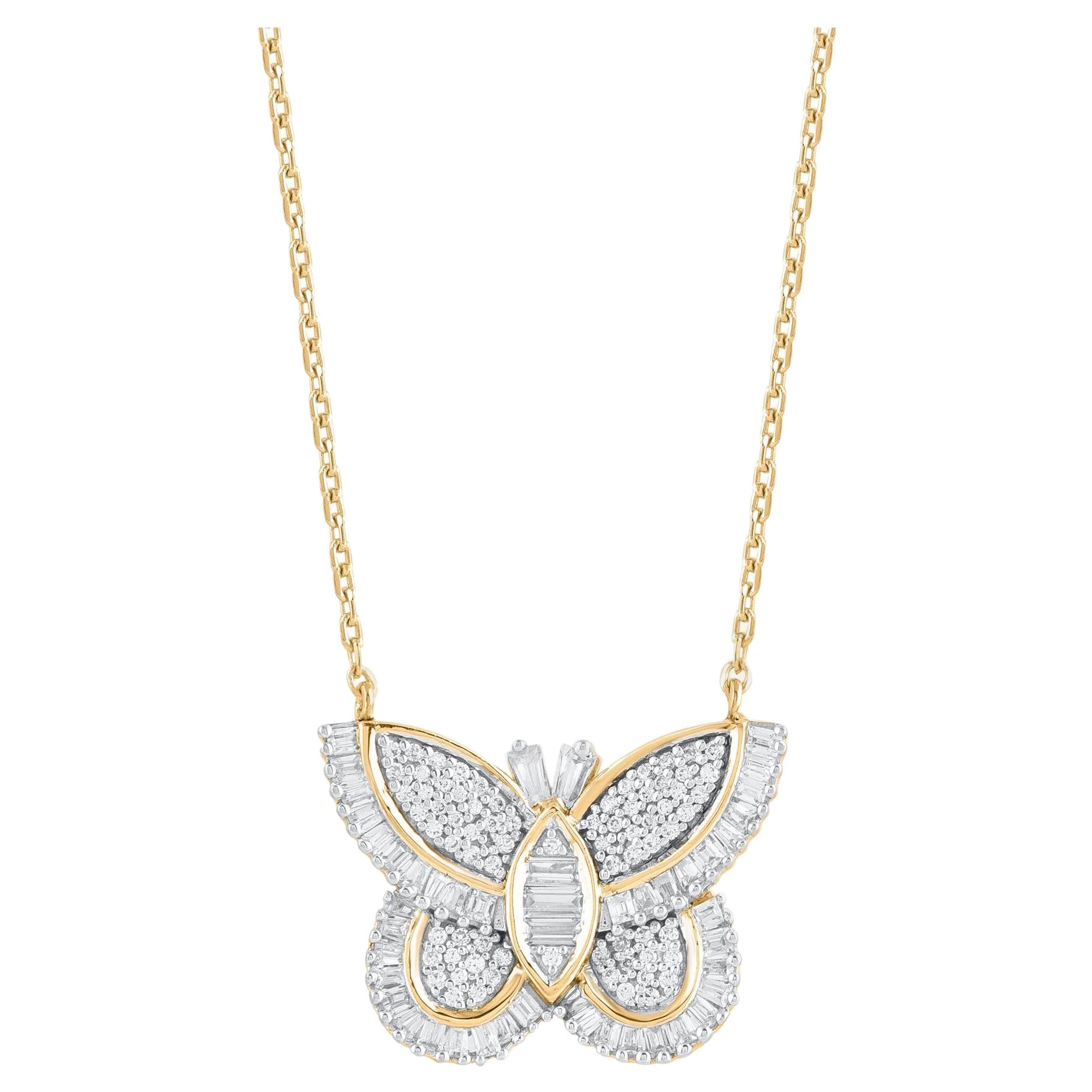 TJD 0,60 Karat Baguette-Diamant-Halskette mit Schmetterlingsanhänger aus 18KT Gelbgold
