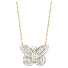 TJD 0.60 Carat Baguette Diamond Butterfly Pendant Necklace in 18KT Yellow Gold