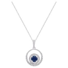 TJD 0.60 Carat Blue Sapphire and Diamond 14KT White Gold Circle Pendant Necklace