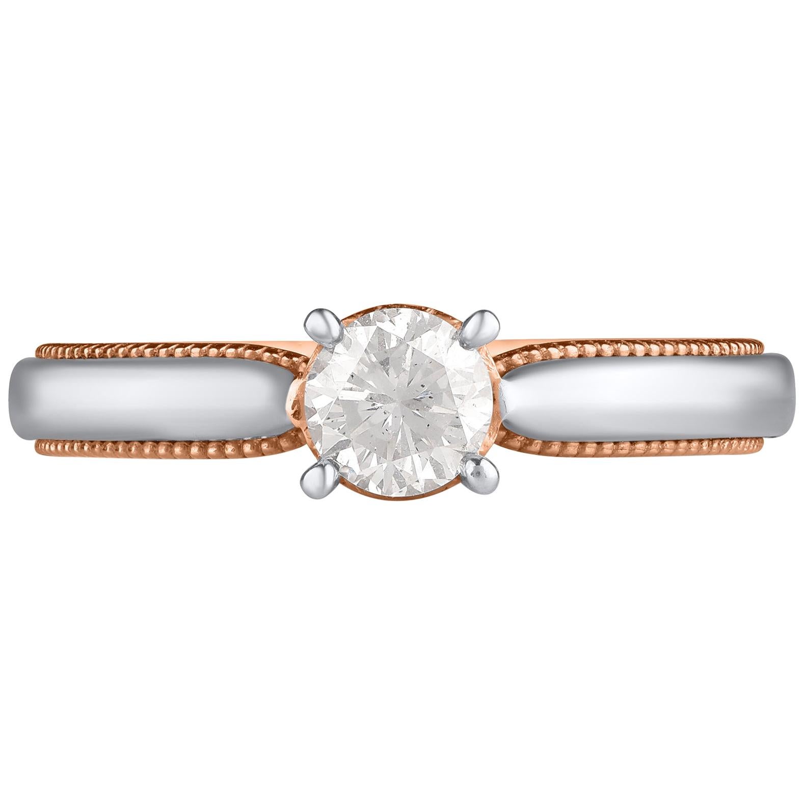 TJD 0.60 Carat Diamond 18 Karat Two Tone Vintage Style Prong Set Engagement Ring