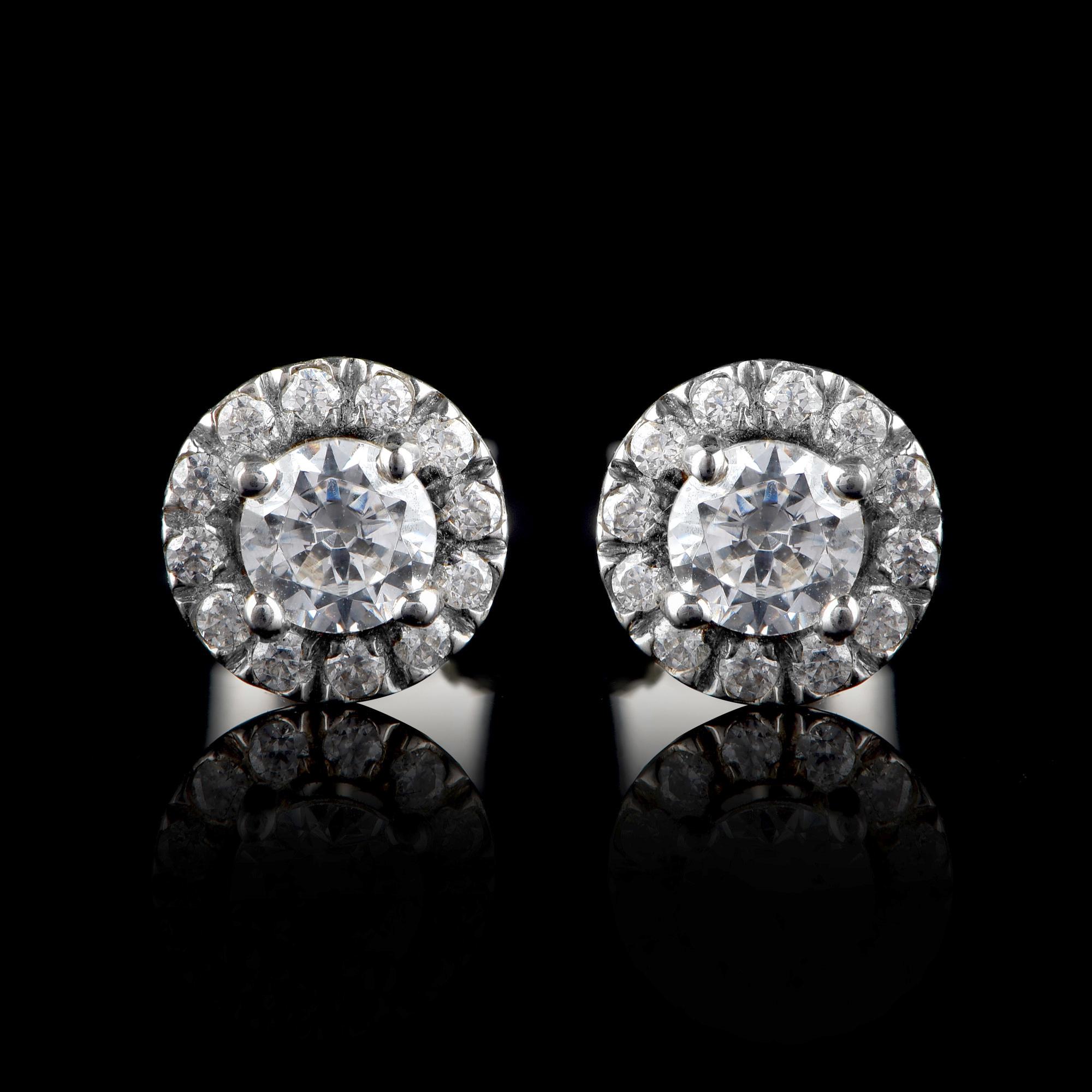 Contemporary TJD 0.60 Carat Diamond 18 Karat White Gold Sparkling Halo Earrings For Sale