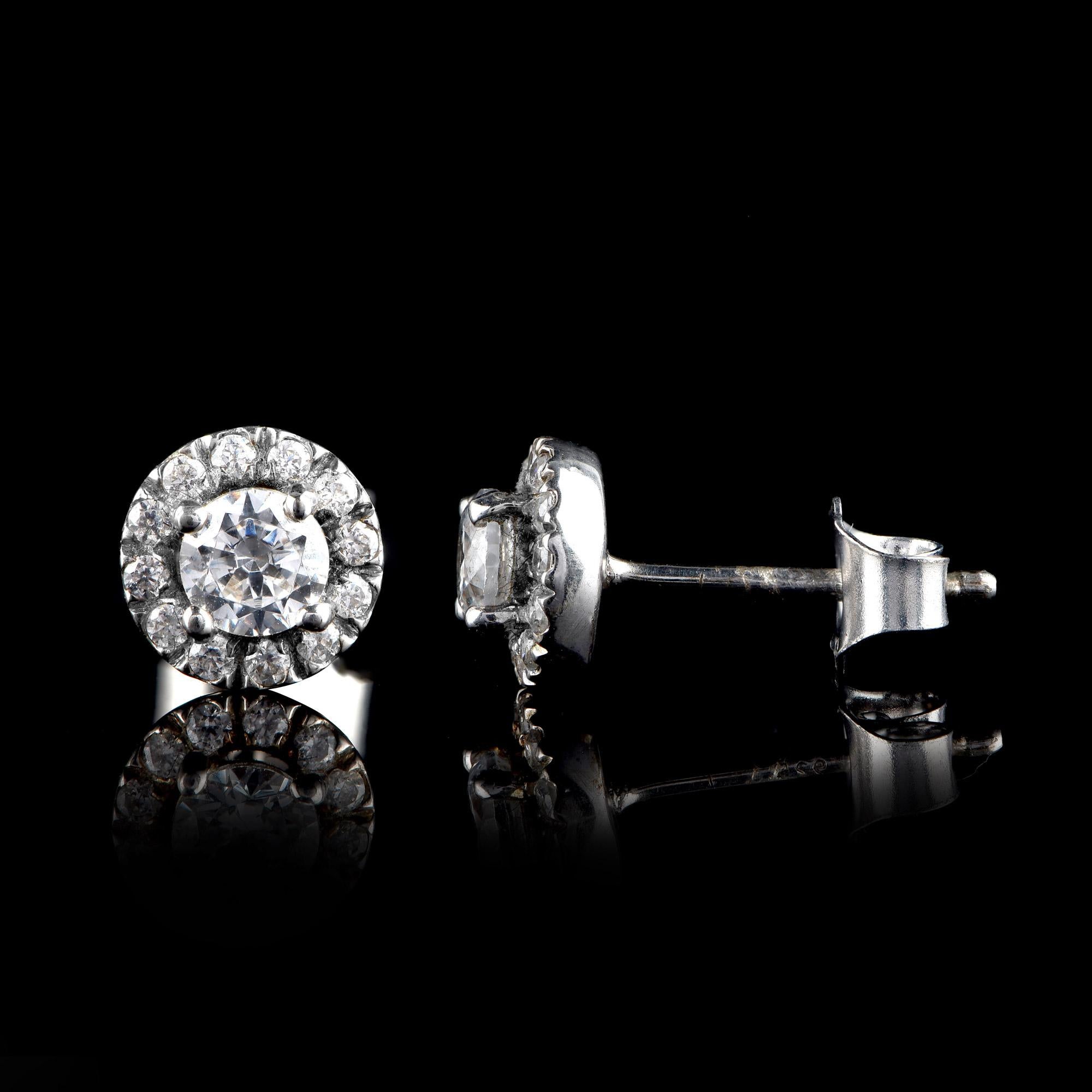 Round Cut TJD 0.60 Carat Diamond 18 Karat White Gold Sparkling Halo Earrings For Sale
