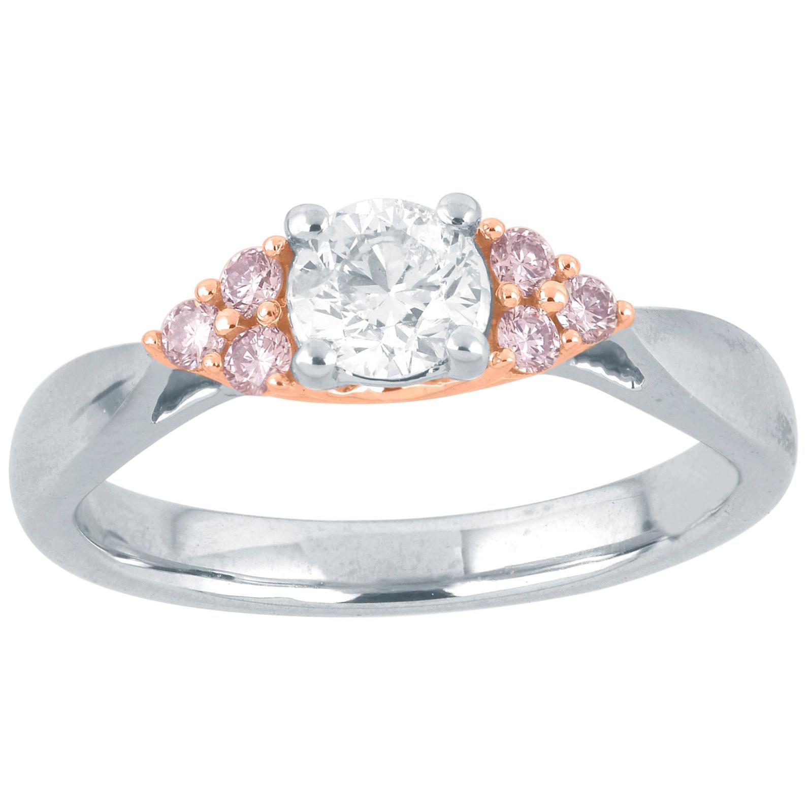 TJD 0.60 Ct Nat Pink Rosé/White Diamond 18Kt 2-Tone Gold Trefoil Engagement Ring For Sale
