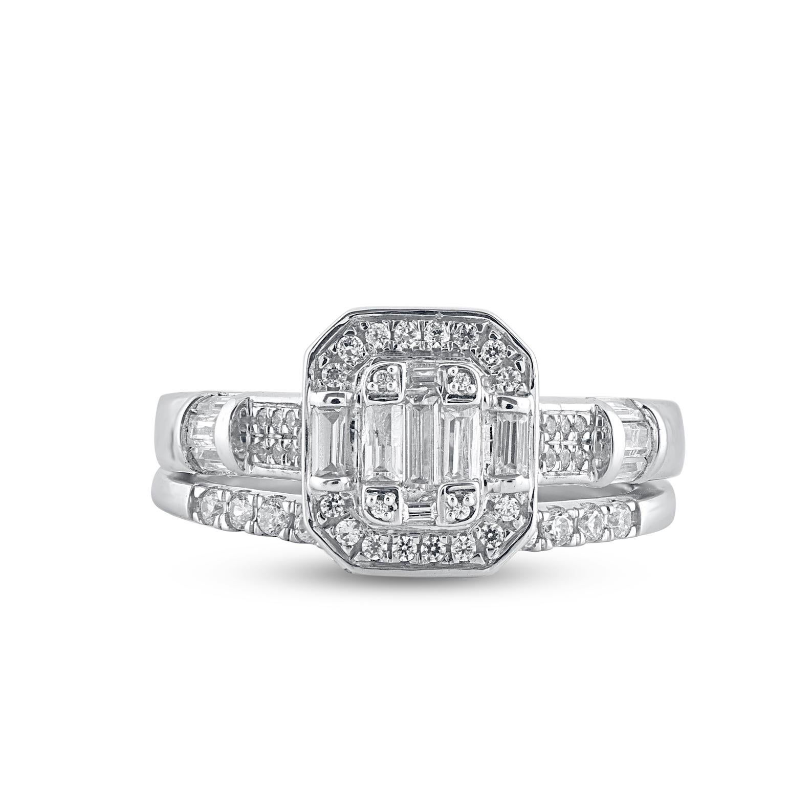 Give her a sophisticated reminder of your love with this diamond ring set. Crafted in 14 Karat white gold. This wedding ring features a sparkling 57 brilliant cut, single cut round diamonds and baguette cut diamonds beautifully set in prong, pave,
