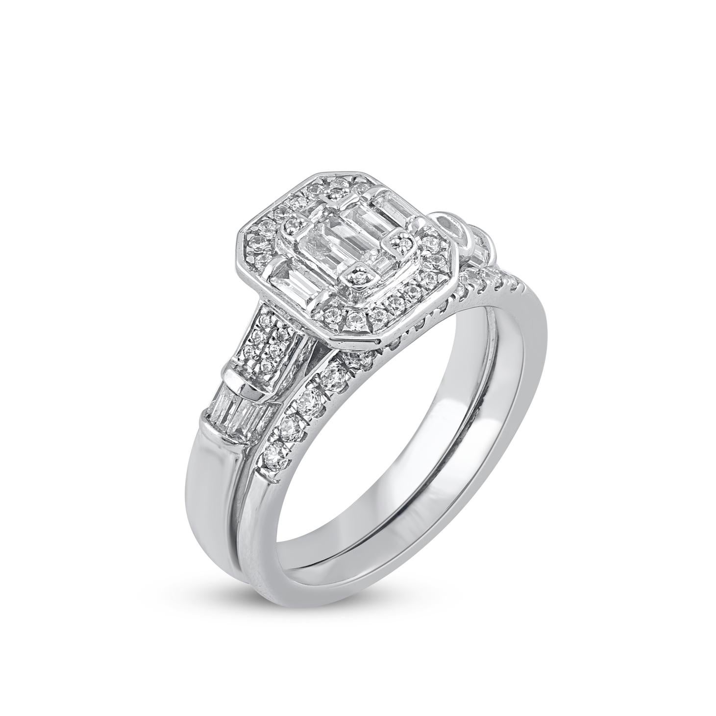 Contemporary TJD 0.60 Carat Round and Baguette Cut Diamond 14KT White Gold Bridal Ring Set For Sale