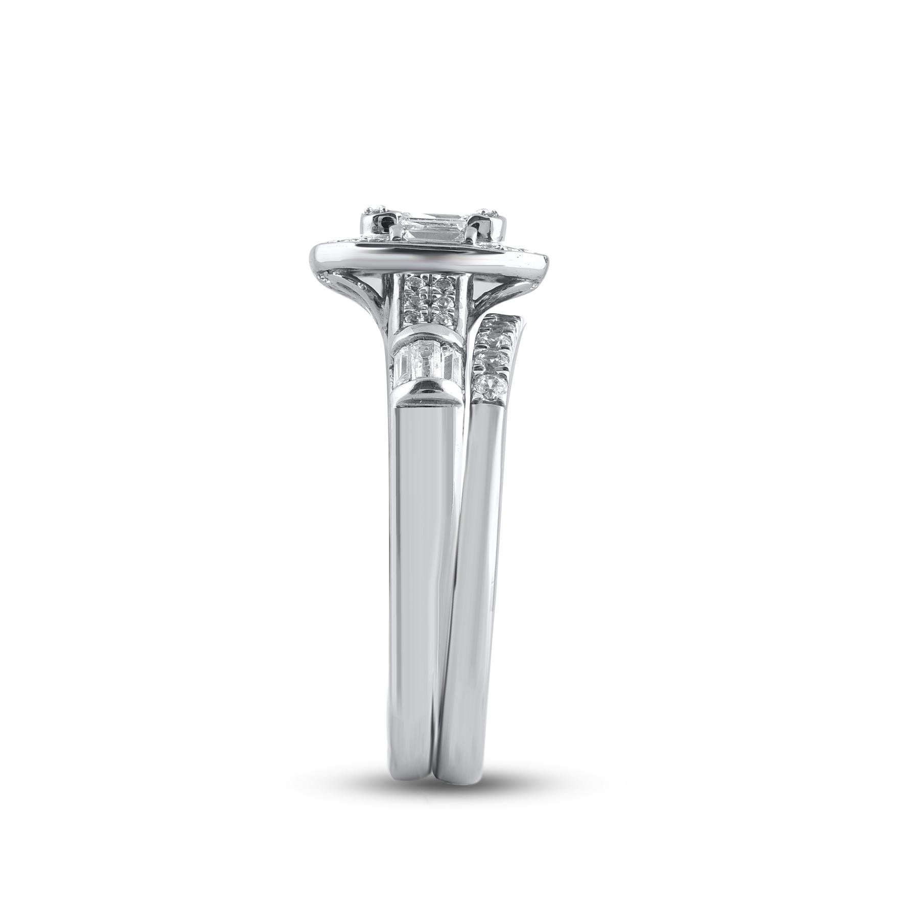 Mixed Cut TJD 0.60 Carat Round and Baguette Cut Diamond 14KT White Gold Bridal Ring Set For Sale