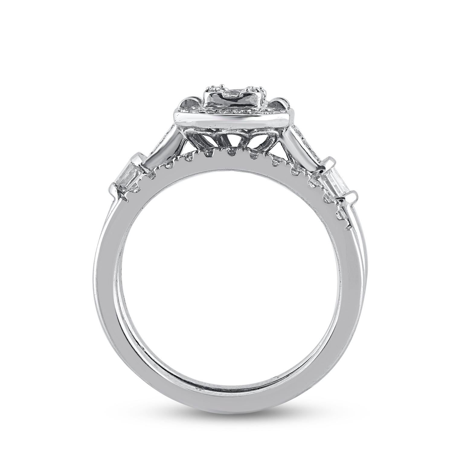 Ensemble de bague de mariage en or blanc 14 carats avec diamants taille ronde et baguette de 0,60 carat TJD Neuf - En vente à New York, NY