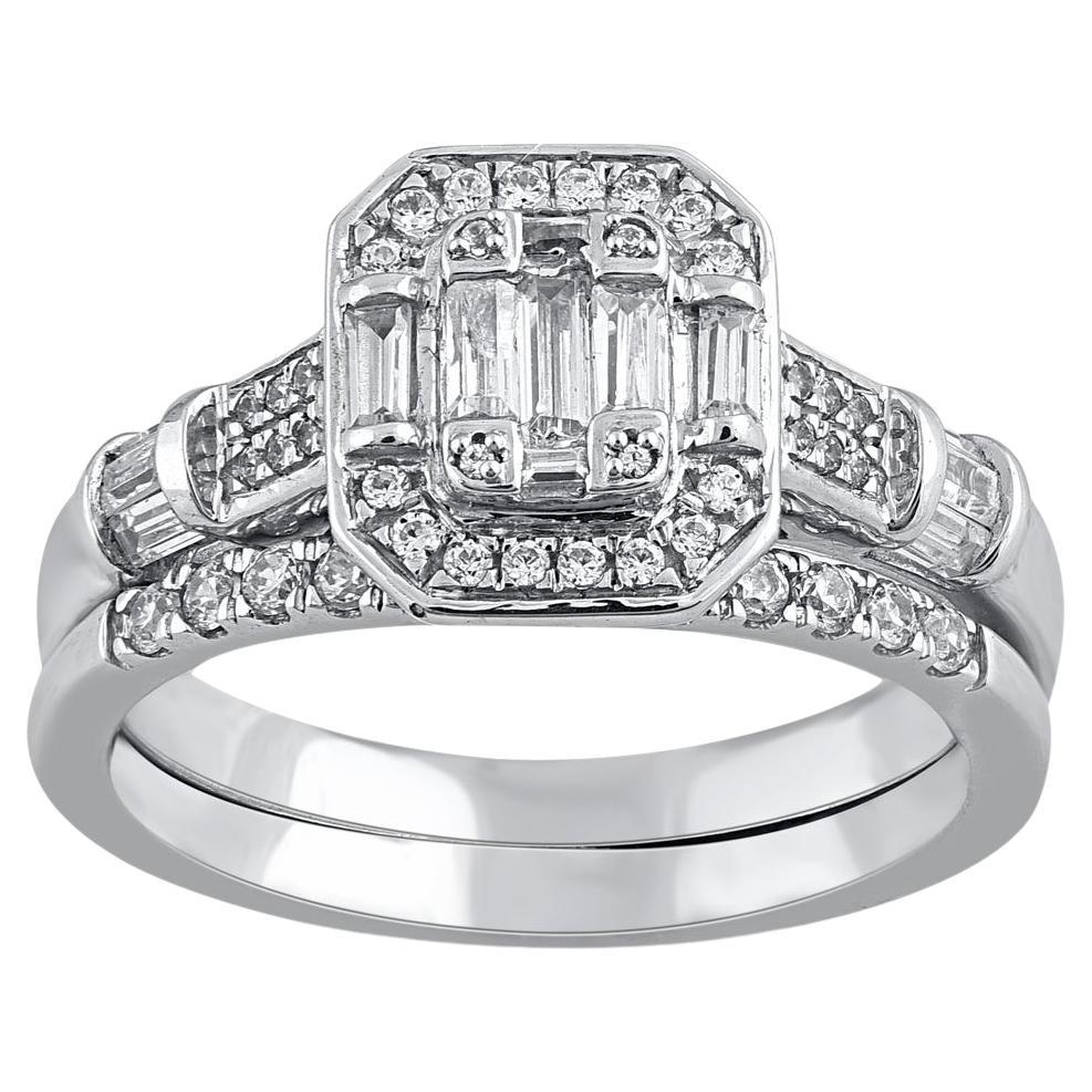 TJD 0.60 Carat Round and Baguette Cut Diamond 14KT White Gold Bridal Ring Set For Sale