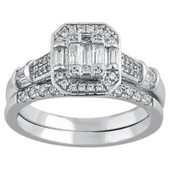 TJD 0.60 Carat Round and Baguette Cut Diamond 14KT White Gold Bridal Ring Set