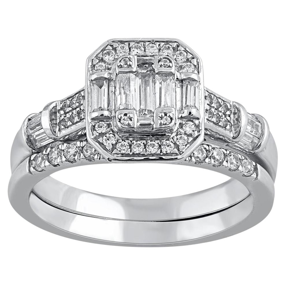 TJD 0.60 Carat Round and Baguette Cut Diamond 14KT White Gold Bridal Ring Set