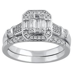 TJD 0.60 Carat Round and Baguette Cut Diamond 14KT White Gold Bridal Ring Set