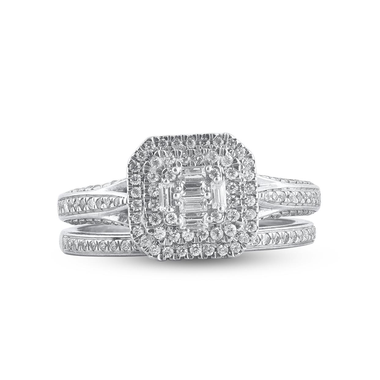 This bridal set is sure to impress her. Crafted in 14 Karat white gold. This wedding ring features a sparkling 140 single cut round diamonds and baguette cut diamonds beautifully set in prong setting. The total diamond weight is 0.62 Carat. The