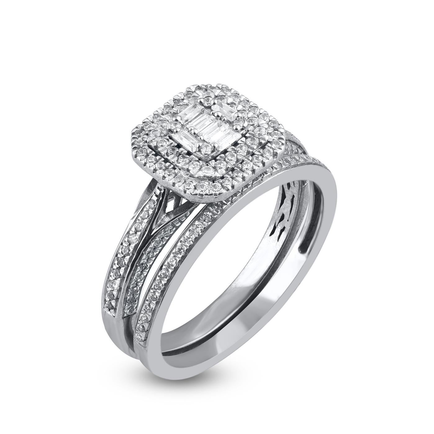 Contemporary TJD 0.60 Carat Round & Baguette Diamond Double Frame Bridal Set in White Gold For Sale