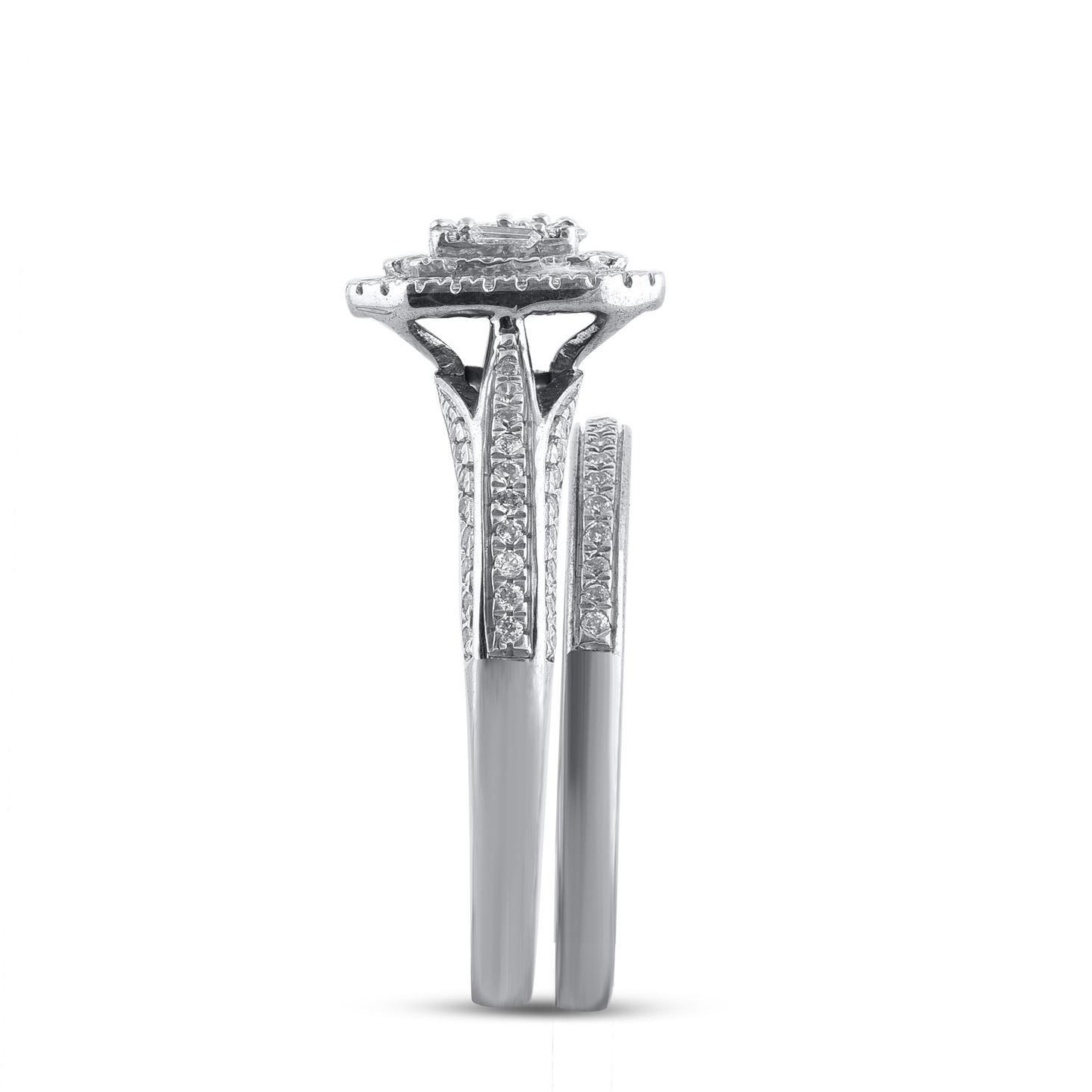 Mixed Cut TJD 0.60 Carat Round & Baguette Diamond Double Frame Bridal Set in White Gold For Sale