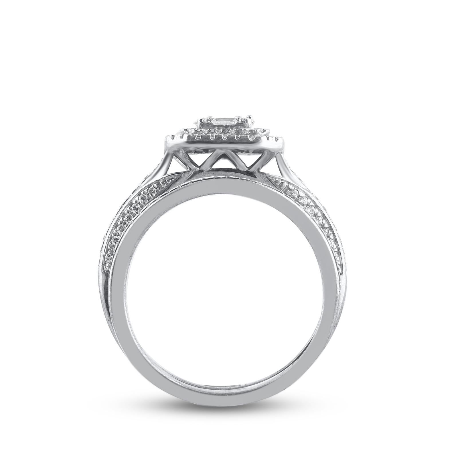 TJD 0.60 Carat Round & Baguette Diamond Double Frame Bridal Set in White Gold In New Condition For Sale In New York, NY