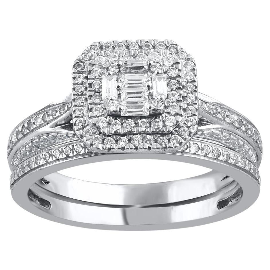Ensemble de mariage à double cadre en or blanc serti d'un diamant rond et baguette de 0,60 carat TJD