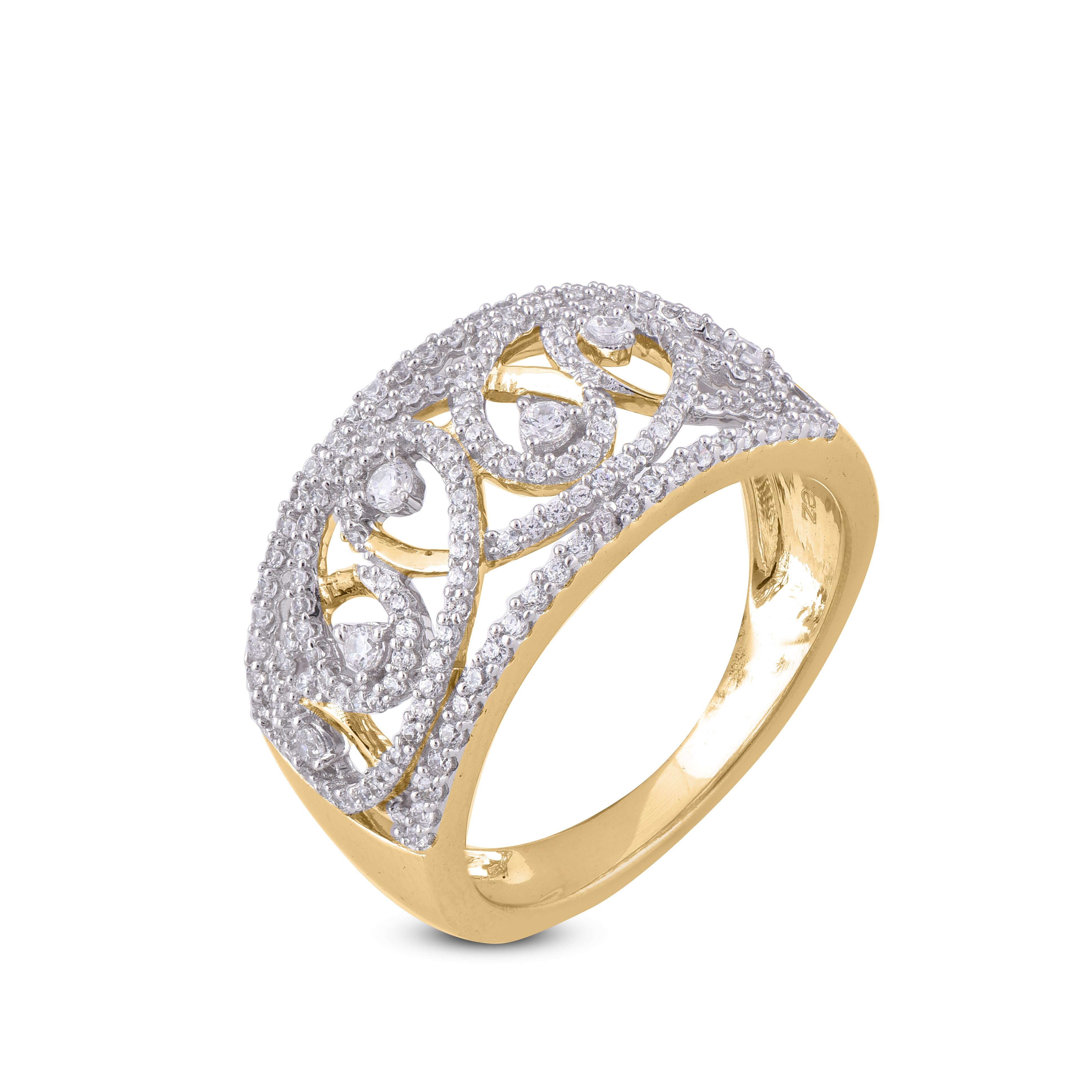 With one look of this 0.60 Carat Round diamond fashion anniversary band crafted in 14 Kt yellow gold. This band is beautifully designed and studded with 42 round diamond in prong and pressure setting. We only use natural diamond which shines in H-I