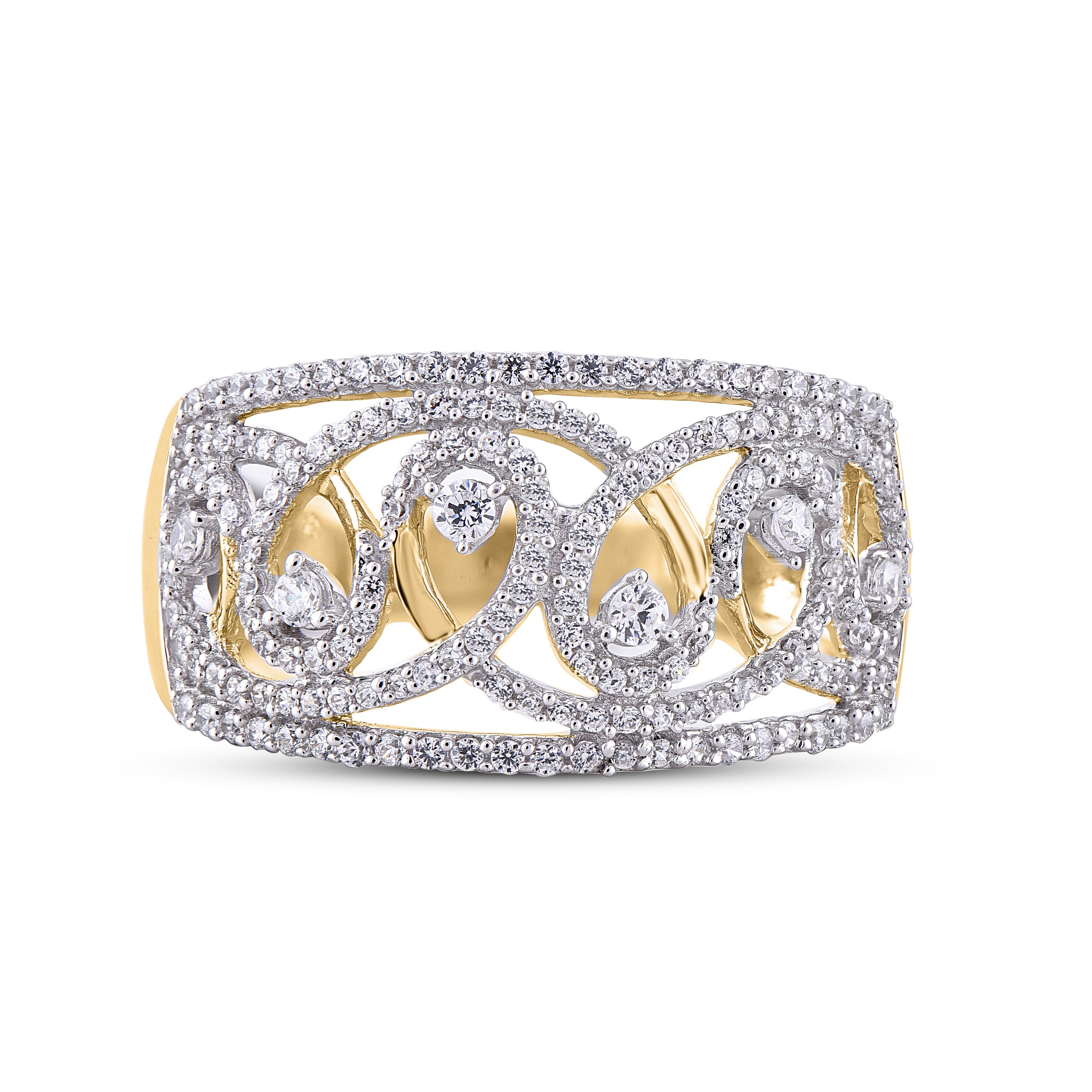 Taille ronde TJD Bague d'anniversaire à la mode en or jaune 14 carats avec diamants ronds de 0,60 carat en vente
