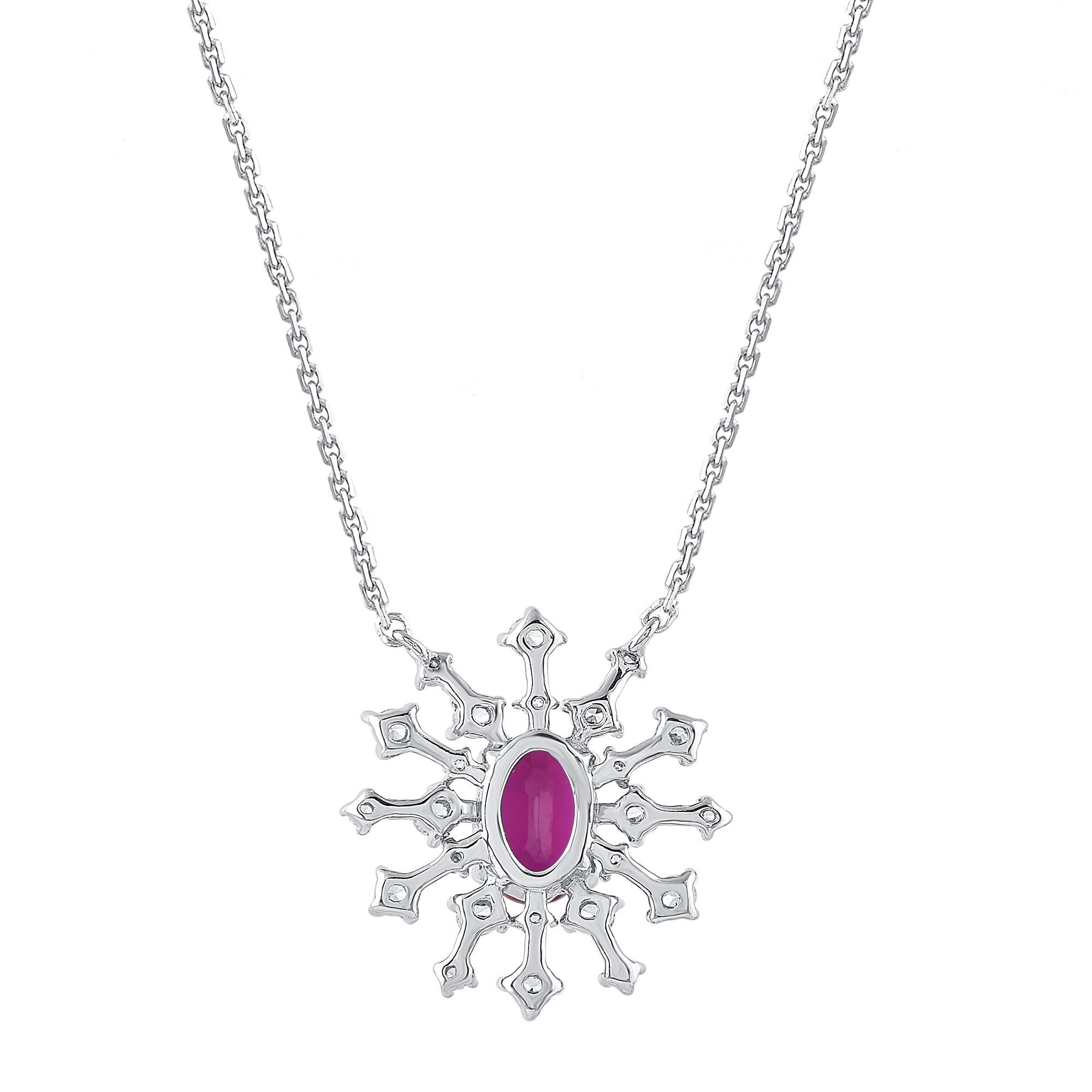 Contemporaneo TJD Collana con ciondolo a forma di aureola in oro bianco 14KT con diamante da 0,60 CT e rubino ovale da 0,20 CT in vendita