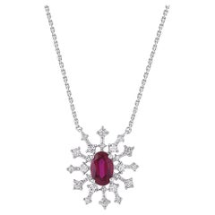 TJD 0.60 CT Diamond and 0.20 CT Oval Ruby 14KT White Gold Halo Pendant Necklace TJD 0.60 CT Diamond and 0.20 CT Oval Ruby 14KT White Gold Halo Pendant Necklace