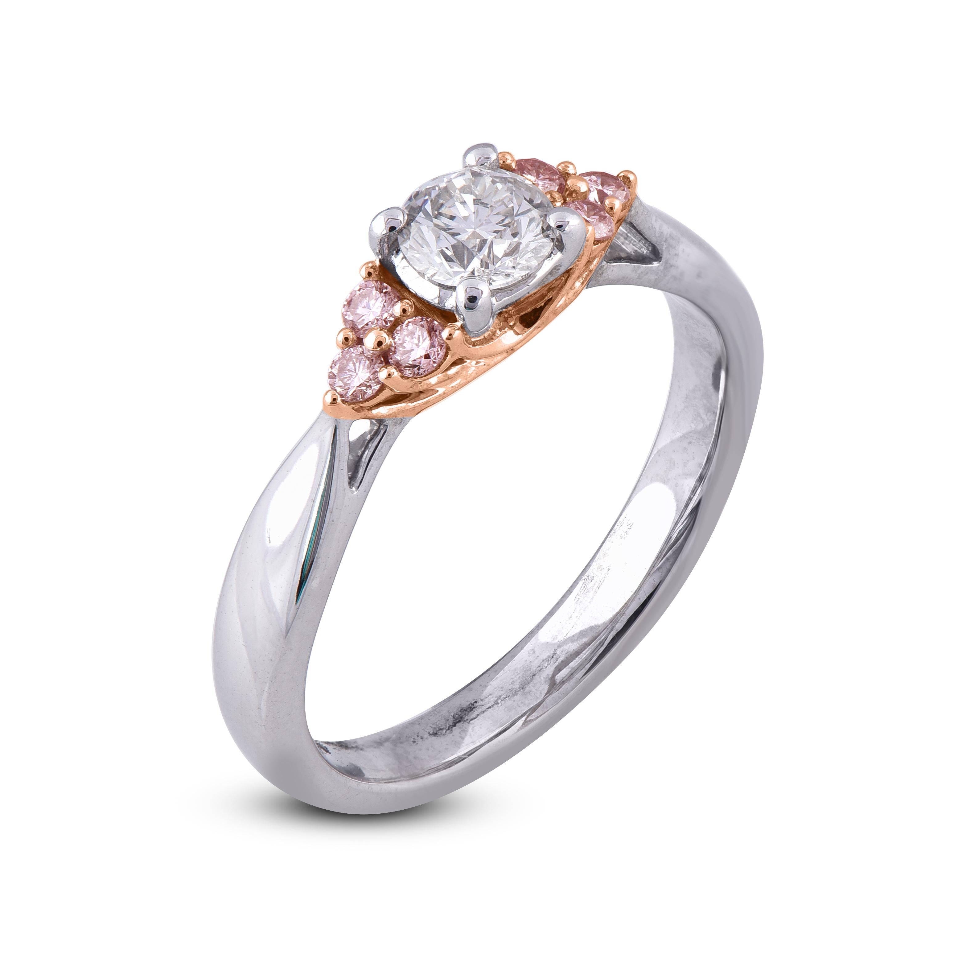 You'll adore the petite touch of shimmer these diamond engagement ring add to your attire. Captivating with 0.45 ct of centre stone and 0.15 ct natural pink diamond. Beautifully hand-crafted by our inhouse experts in 18 karat two toned gold and