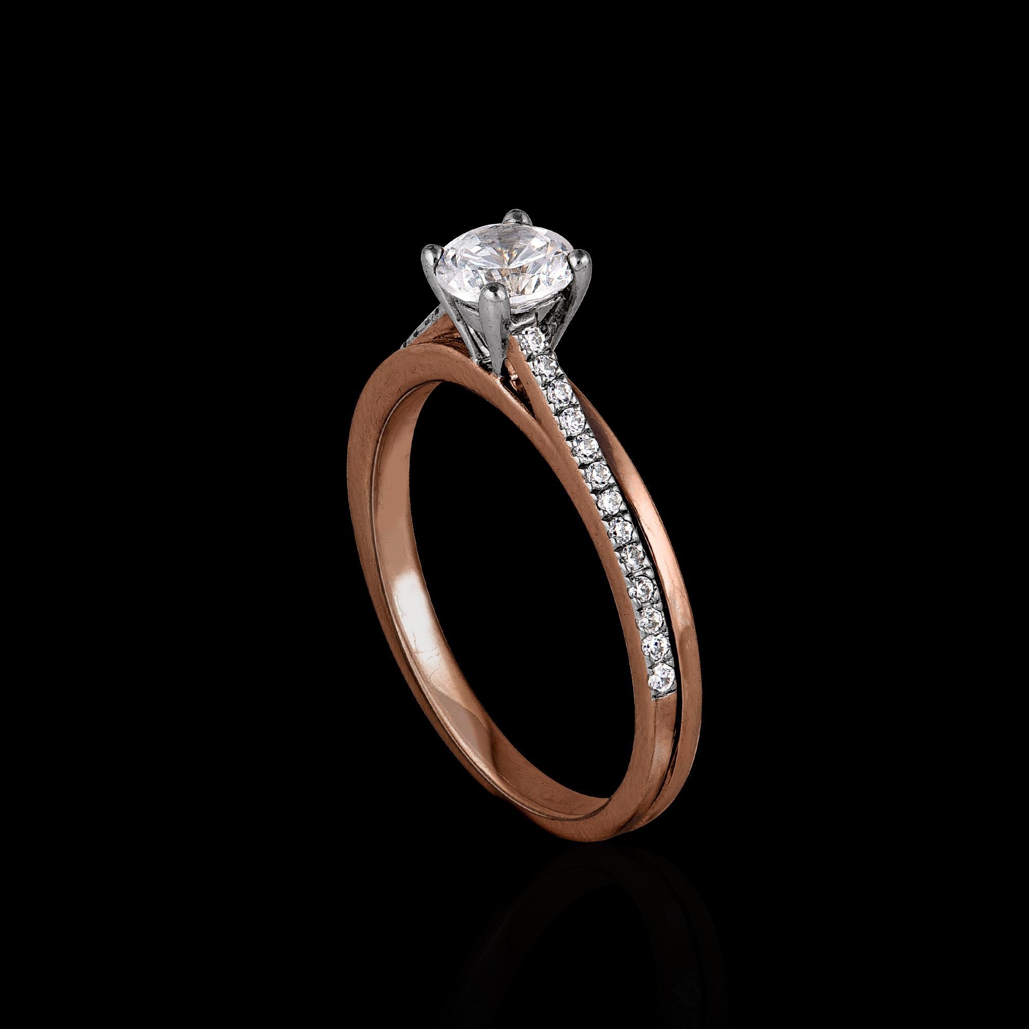 Stunning and classic, this diamond ring is beautifully crafted in 18 karat Solid rose gold. This engagement ring features 0.50 ct of centre stone and 0.12 ct lined with rows of 27 round brilliant-cut sparkling diamonds in secured prong and