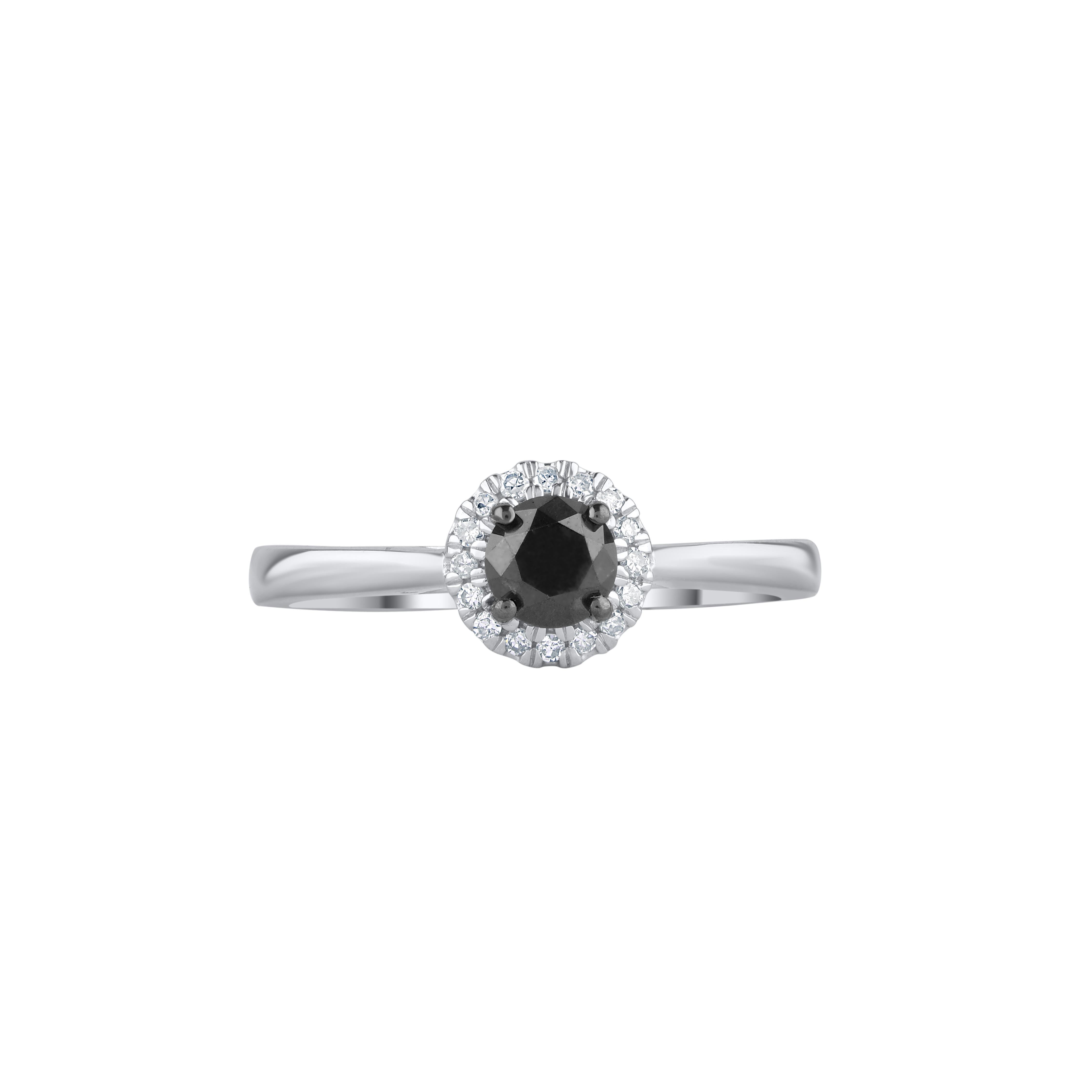 Make the moment memorable with this diamond ring. Crafted in 14 Karat white gold. This wedding ring features a sparkling 17 black treated diamond and single cut round diamonds beautifully set in prong setting. The total diamond weight is 0.63 Carat.