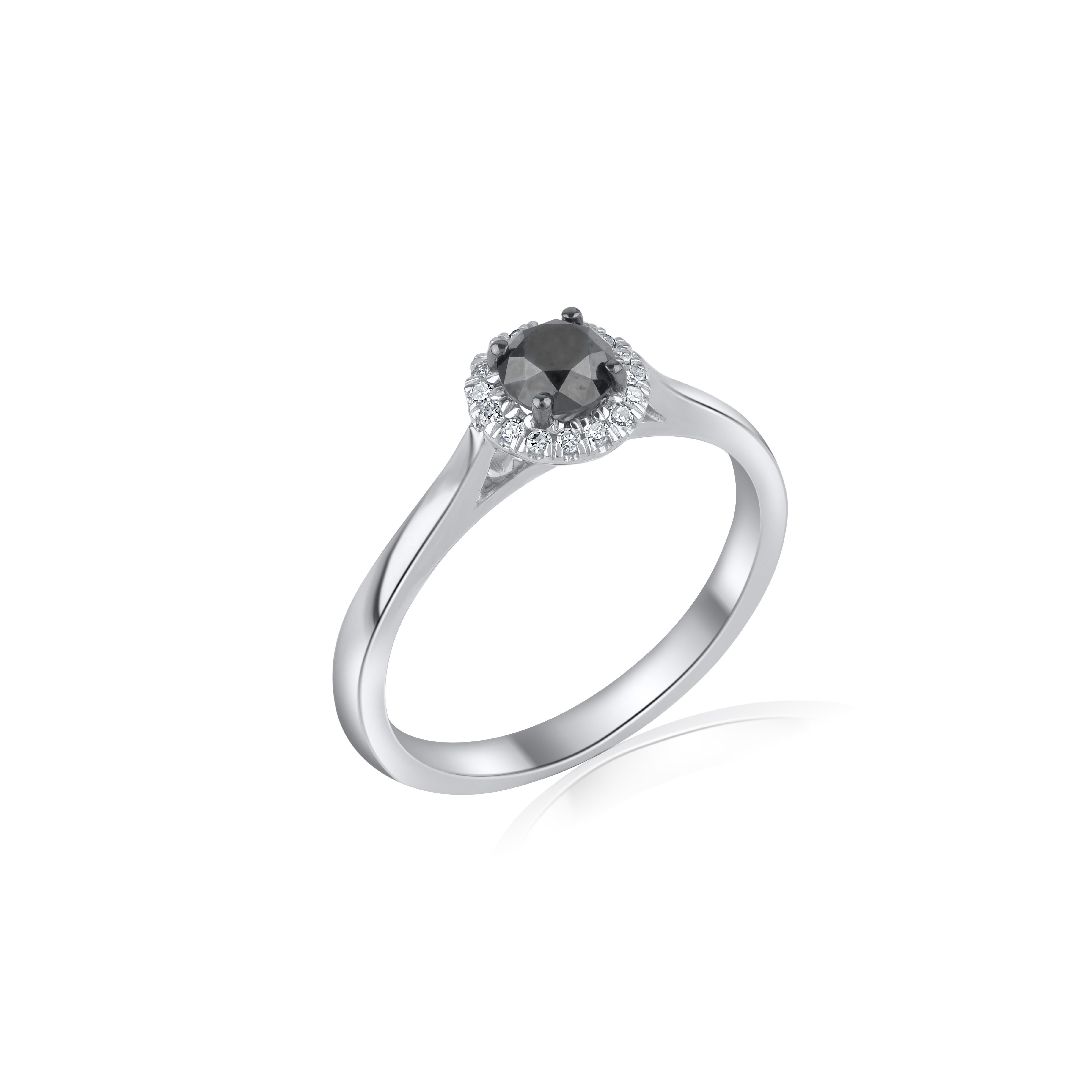 Modern TJD 0.63 Carat White Diamond and Treated Black Diamond 14KT White Gold Halo Ring For Sale