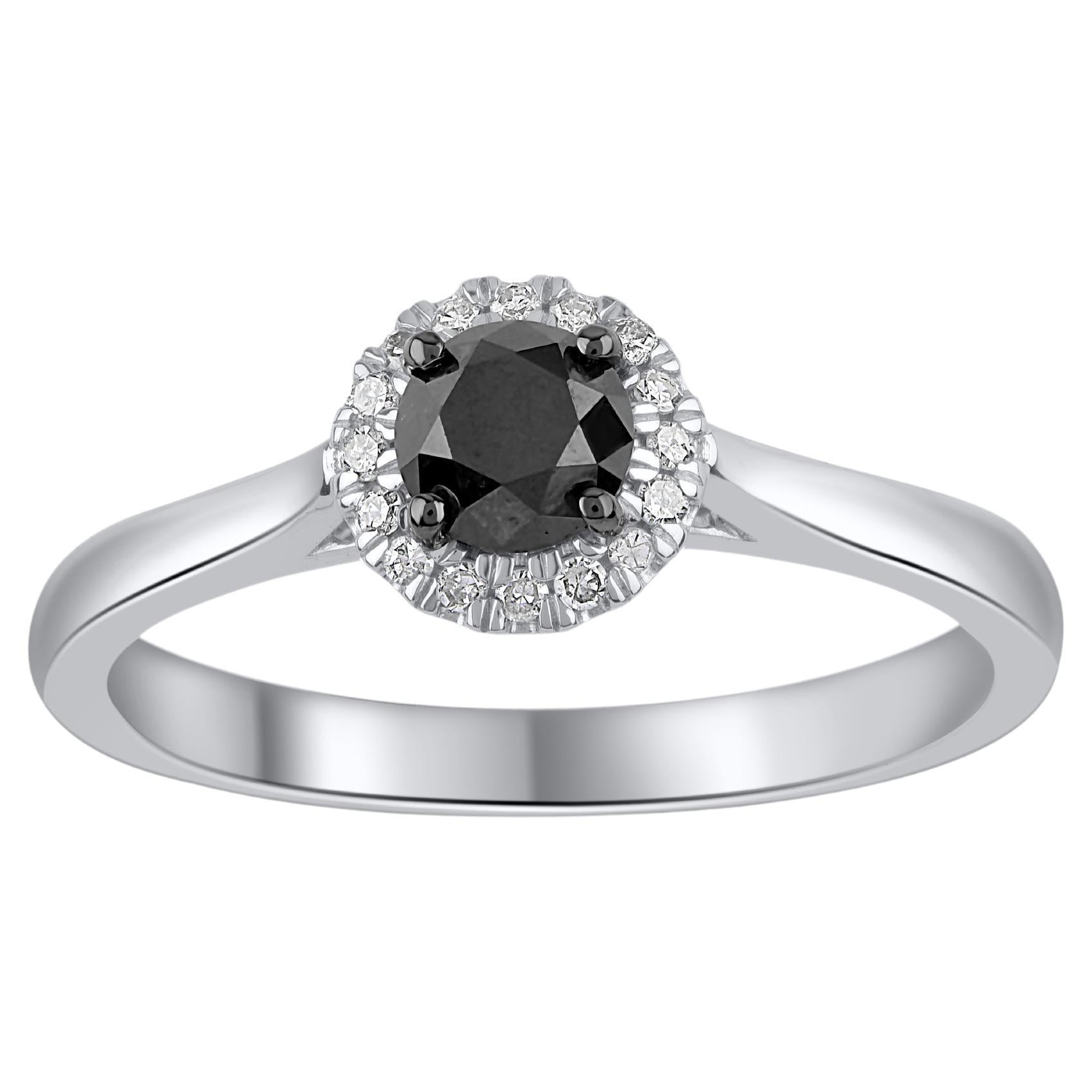 TJD 0.63 Carat White Diamond and Treated Black Diamond 14KT White Gold Halo Ring For Sale