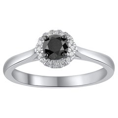 TJD 0.63 Carat White Diamond and Treated Black Diamond 14KT White Gold Halo Ring