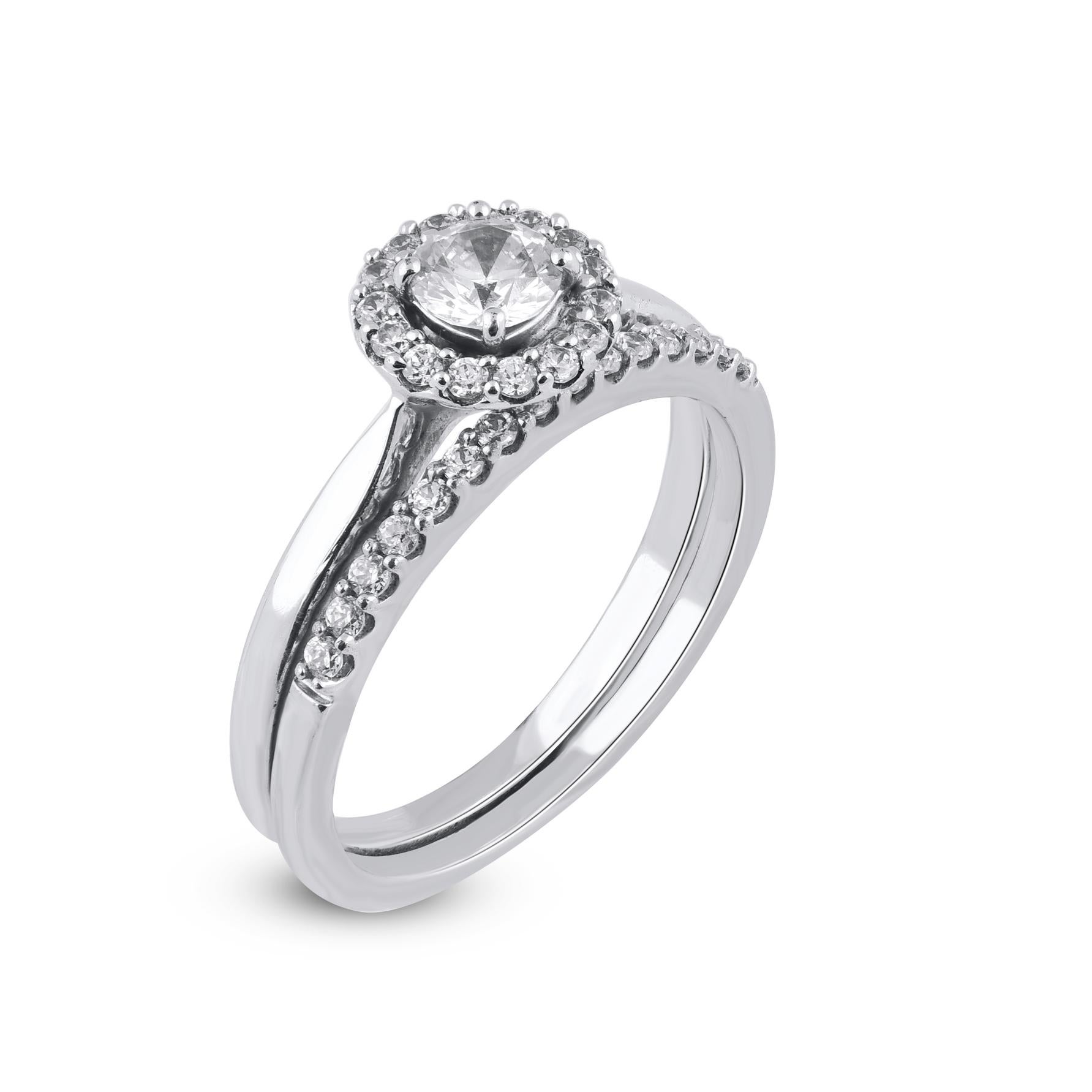 Contemporary TJD 0.65 Carat Brilliant Cut Diamond 14 Karat White Gold Bridal Ring Set For Sale