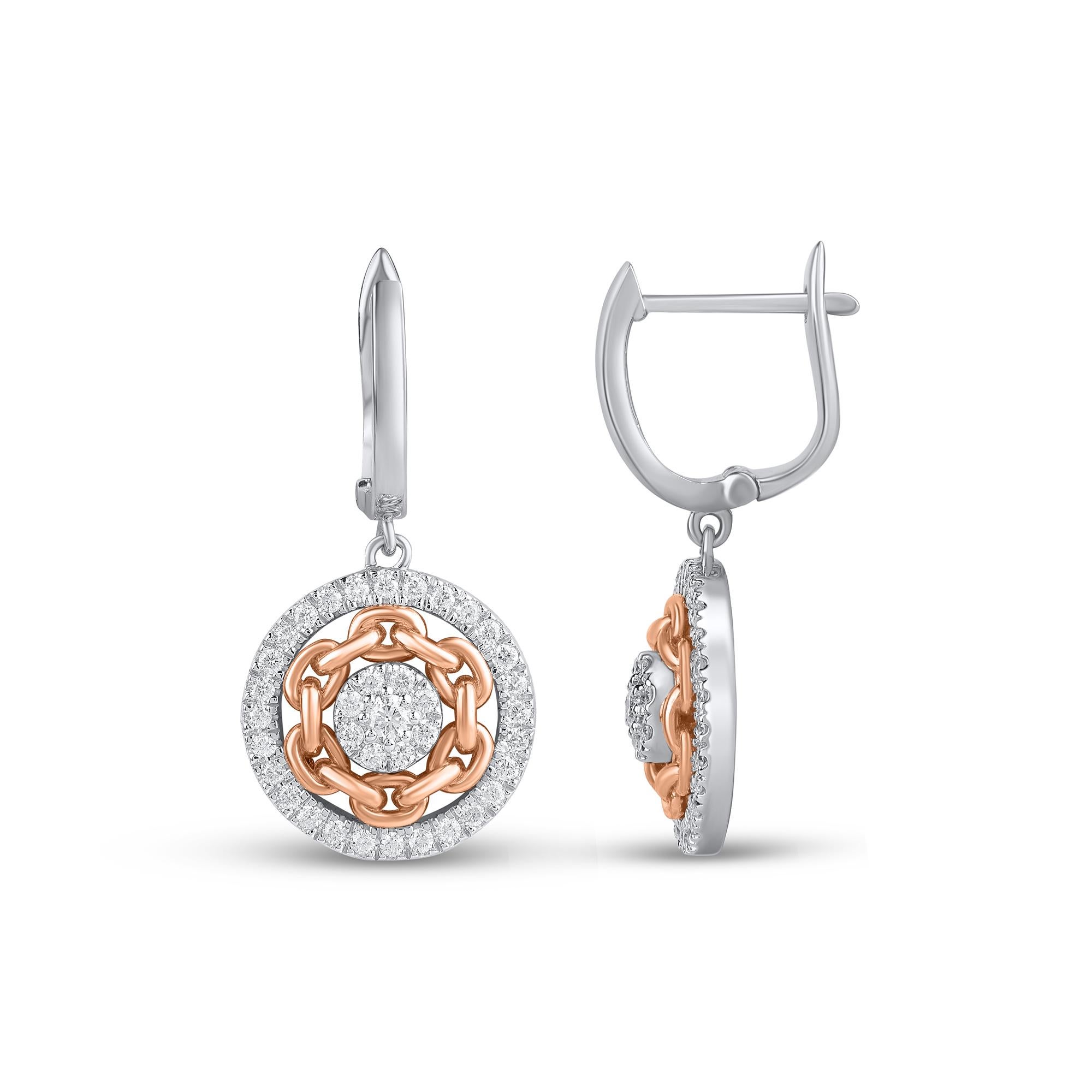 TJD 0,65 Quilates Diamante 18 Kilates Oro Dos Tonos Cadena Eslabón Pendientes Círculo Vintage Moderno en venta