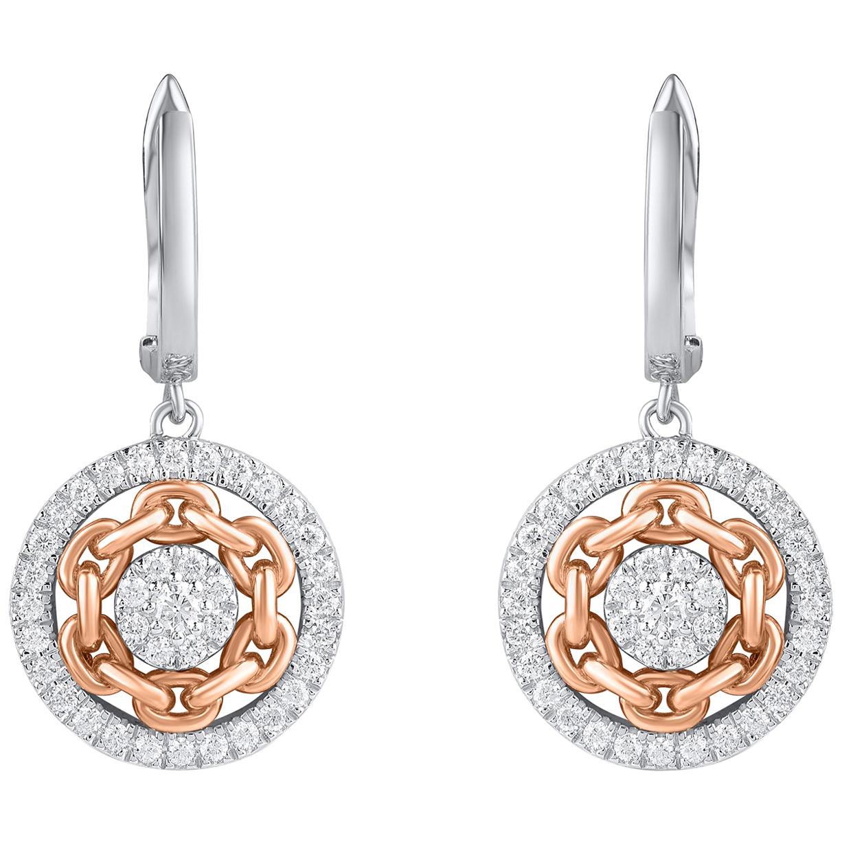 TJD 0.65 Carat Diamond 18 Karat Two Tone Gold Chain Link Vintage Circle Earrings