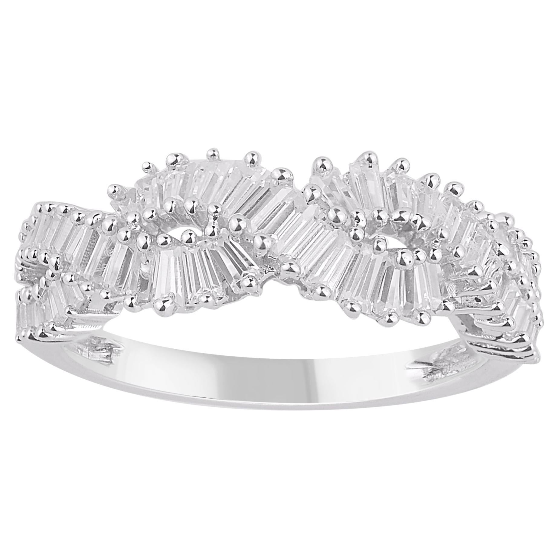 TJD 0.65 Carat Natural Baguette Diamond 14 Karat White Gold Twisted Band Ring