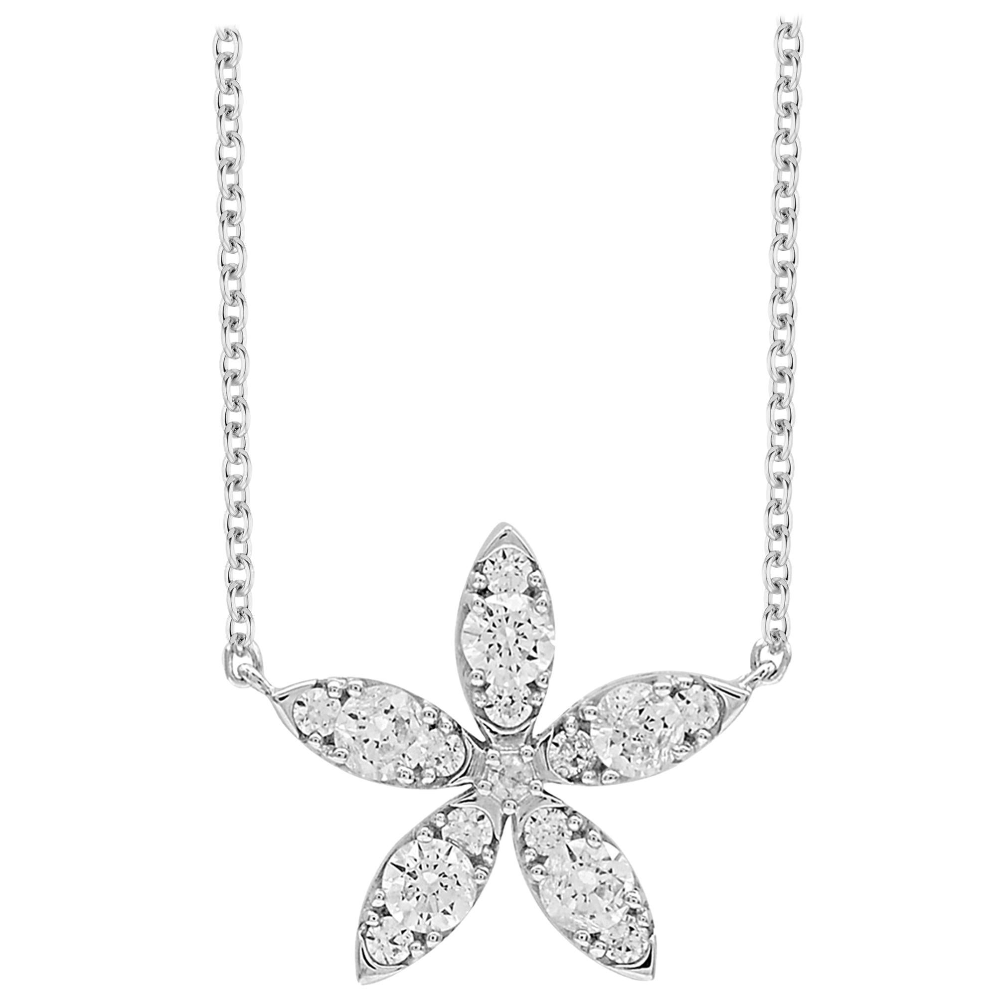 TJD 0.65 Carat Round Diamond 14K White Gold Floral Design Pendant with Chain For Sale