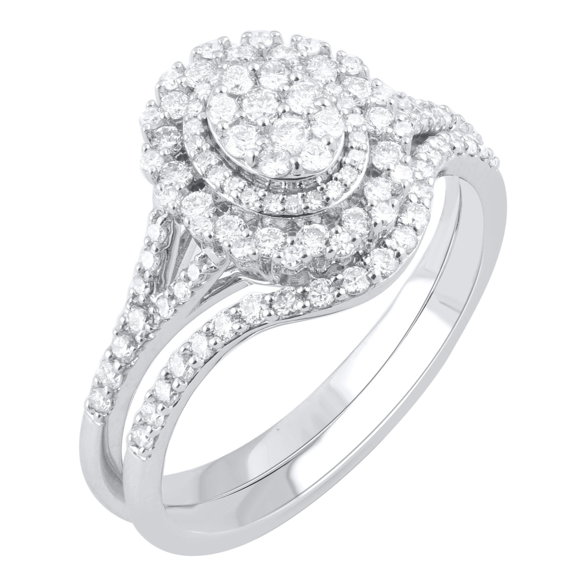 Make that special moment magical with the exquisite diamond bridal ring set. This classic engagement ring is studded with single cut & brilliant cut 107 diamond in prong setting. This ring is designed in 14-karat white gold. The total diamond weight
