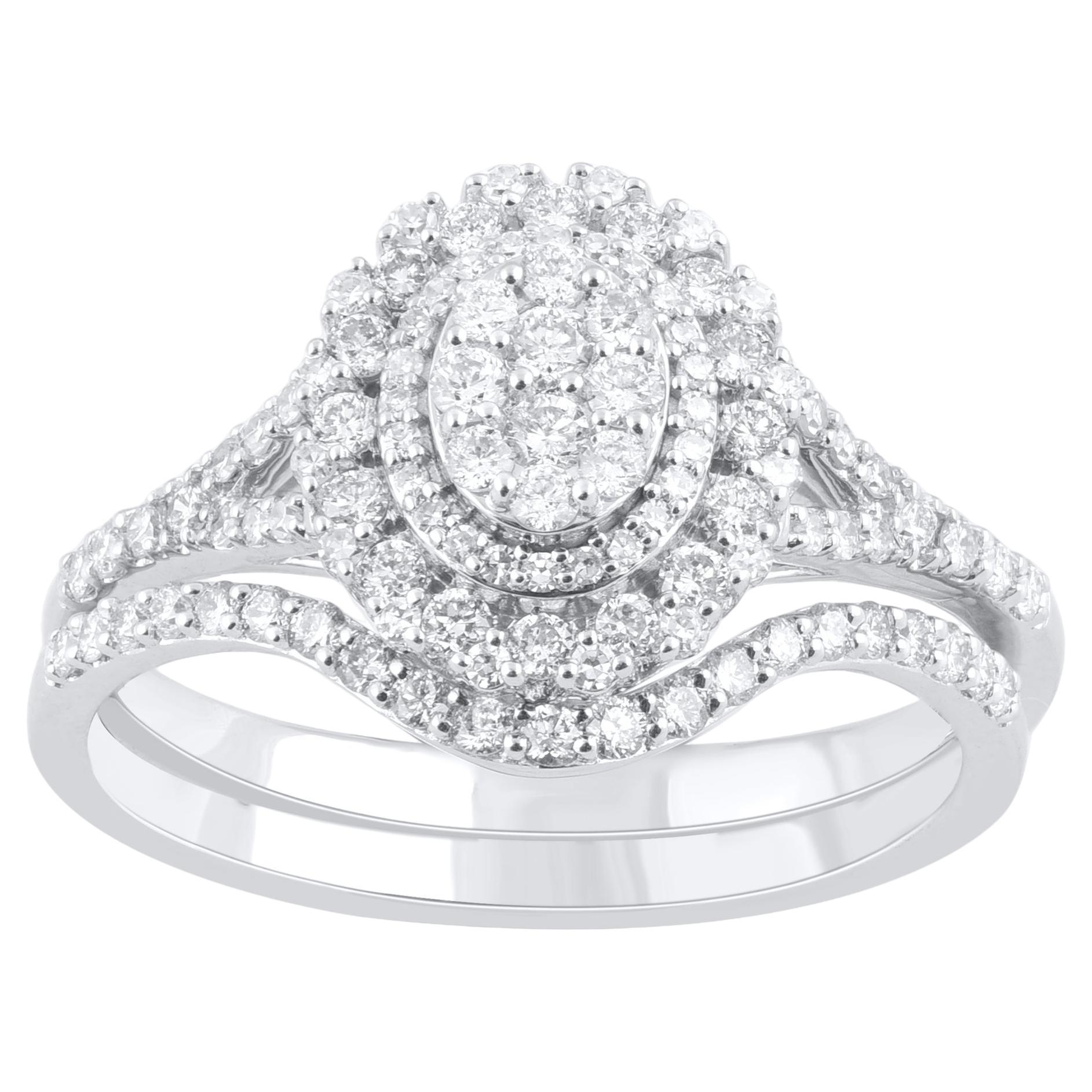 TJD 0.65 Carat Natural Round Cut Diamond 14 Karat White Gold Bridal Ring Set For Sale
