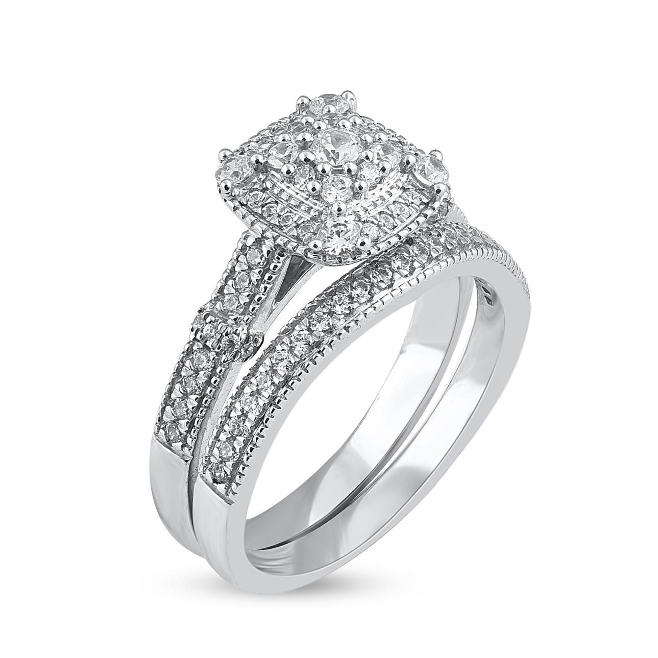 Contemporary TJD 0.65 Carat Natural Round Cut Diamond 14KT White Gold Halo Bridal Ring Set For Sale