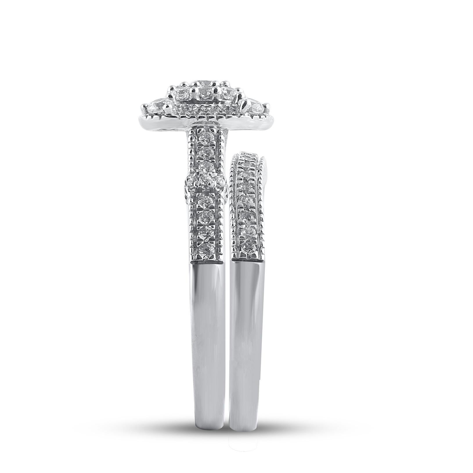 TJD 0.65 Carat Natural Round Cut Diamond 14KT White Gold Halo Bridal Ring Set In New Condition For Sale In New York, NY